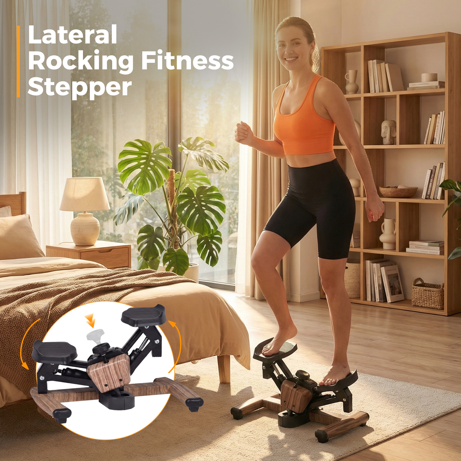 Advwin Mini Stepper Exercise Machine with LCD Monitor, Wood Grain Design Hydraulic Stair Stepper for Home Workout, Quiet & Compact Fitness Stepper for Total Body Toning, Max 100kg Capacity