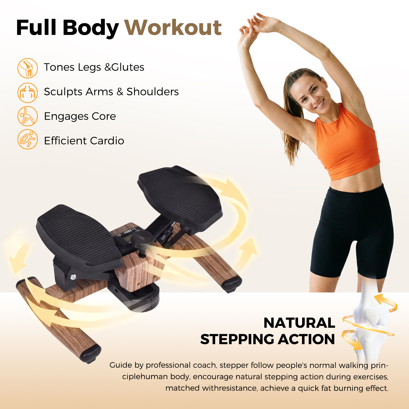 Advwin Mini Stepper Exercise Machine with LCD Monitor, Wood Grain Design Hydraulic Stair Stepper for Home Workout, Quiet & Compact Fitness Stepper for Total Body Toning, Max 100kg Capacity