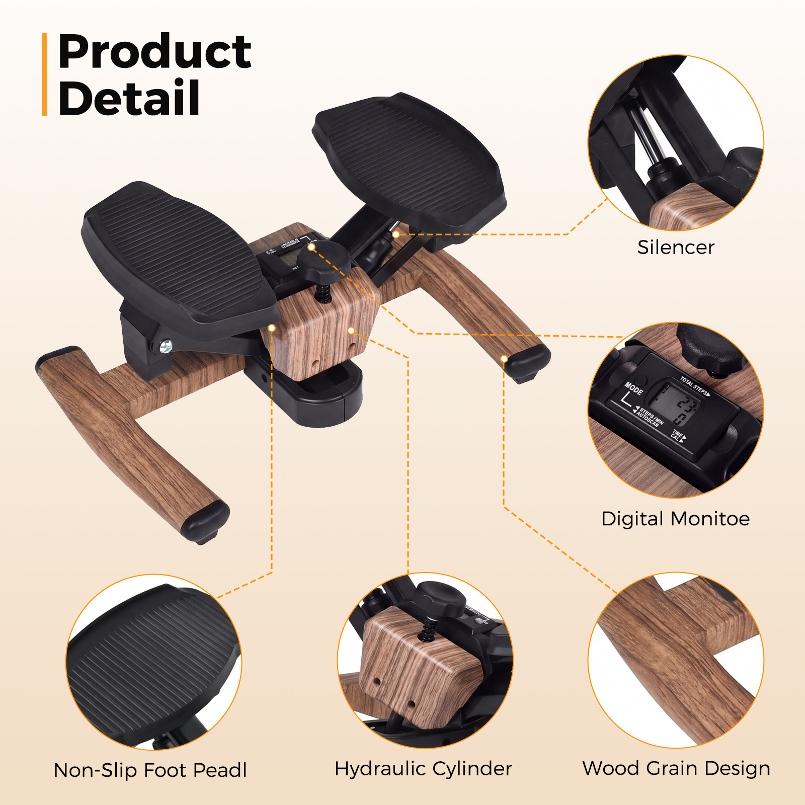 Advwin Mini Stepper Exercise Machine with LCD Monitor, Wood Grain Design Hydraulic Stair Stepper for Home Workout, Quiet & Compact Fitness Stepper for Total Body Toning, Max 100kg Capacity