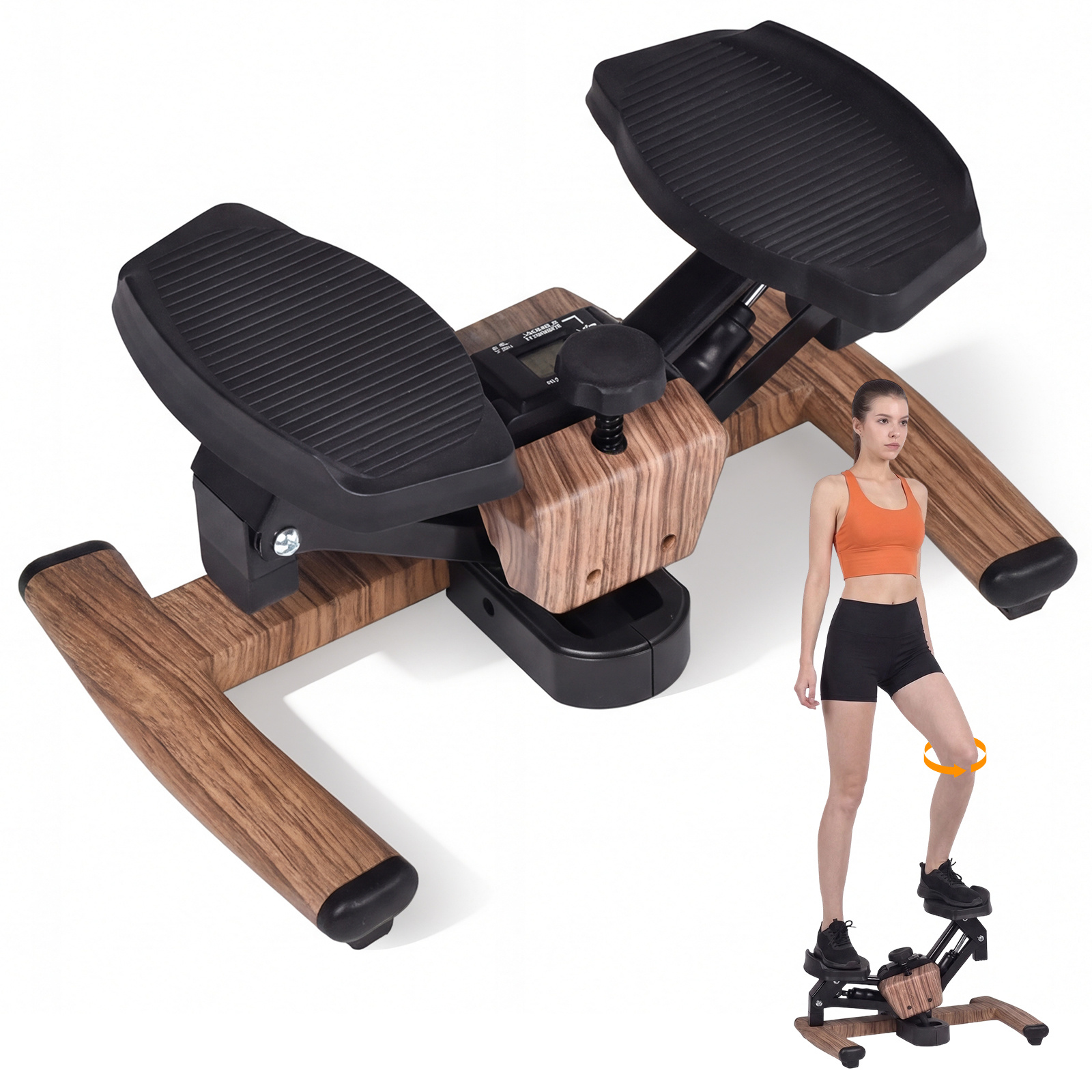 Advwin Mini Stepper Exercise Machine with LCD Monitor, Wood Grain Design Hydraulic Stair Stepper for Home Workout, Quiet & Compact Fitness Stepper for Total Body Toning, Max 100kg Capacity