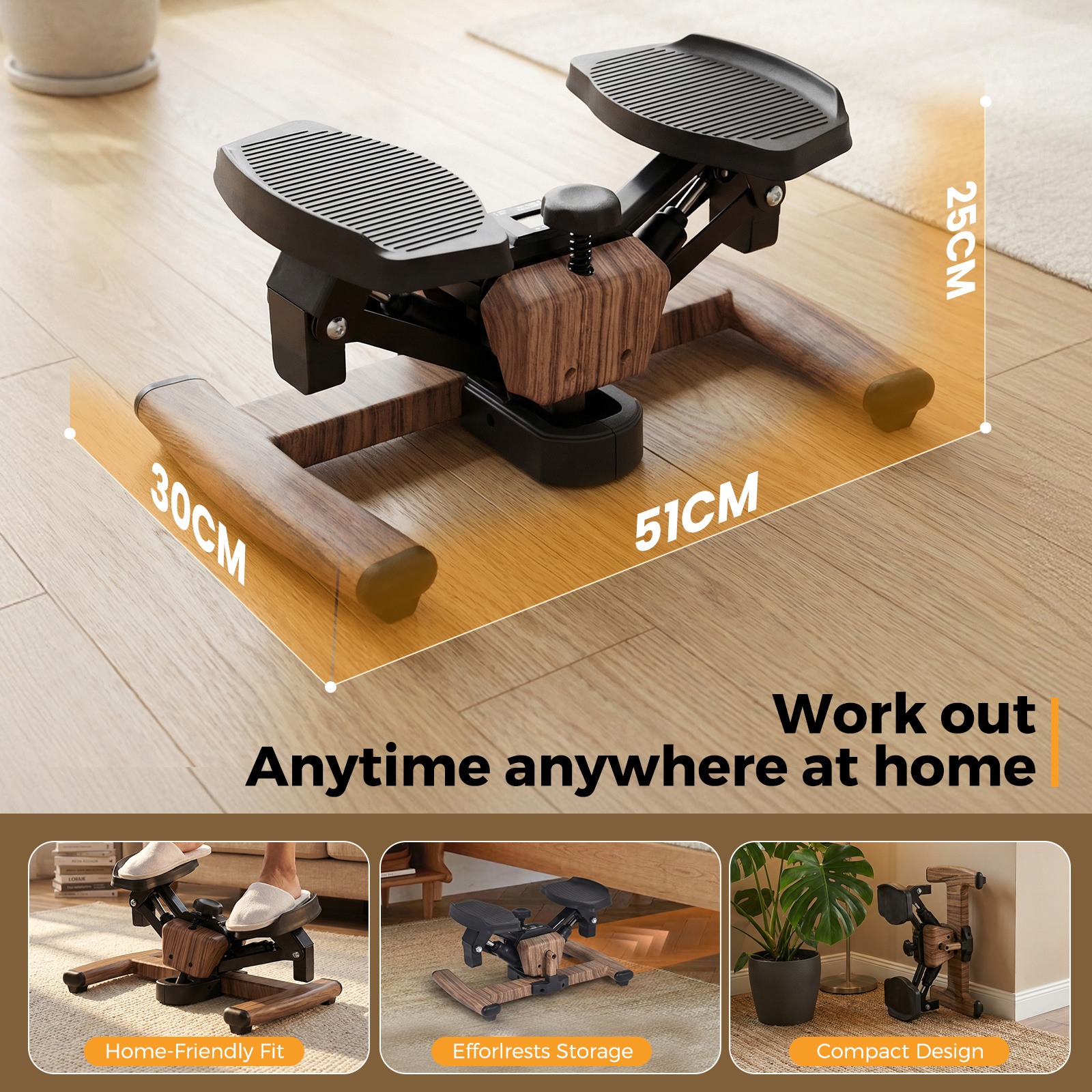 Advwin Mini Stepper Exercise Machine with LCD Monitor, Wood Grain Design Hydraulic Stair Stepper for Home Workout, Quiet & Compact Fitness Stepper for Total Body Toning, Max 100kg Capacity