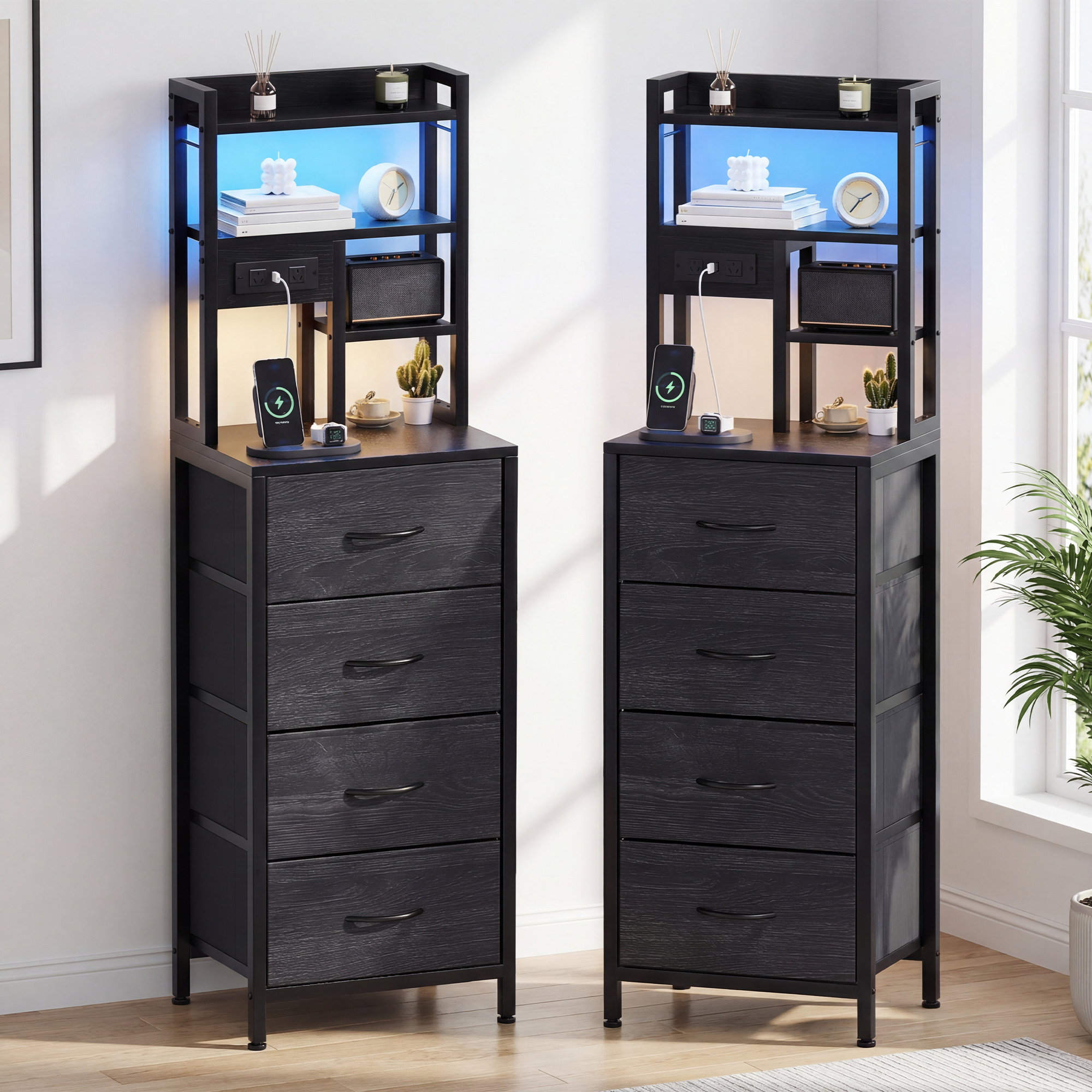 TEMU 2pcs 133cmtall Bedside Table With Charging Station And Led Lights, Nightstand With 4 Fabric Drawers, 4 Open Shelves, Top Storage Compartment,