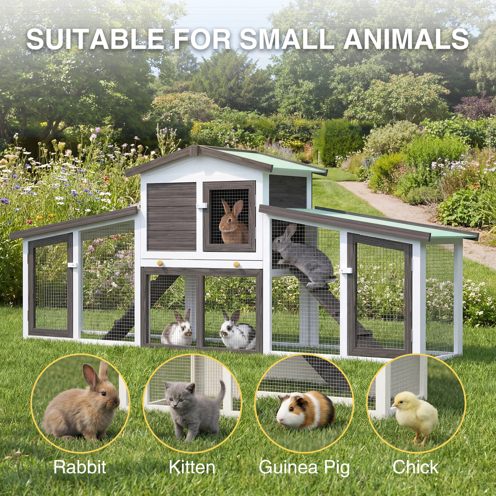 Advwin Dual-Storey Chicken Coop Rabbit Hutch, Wooden Pet House With Spacious Mesh Enclosure & Pull-Out Tray, Easy Clean Outdoor Cage For Bunnies/Chickens/Guinea Pigs