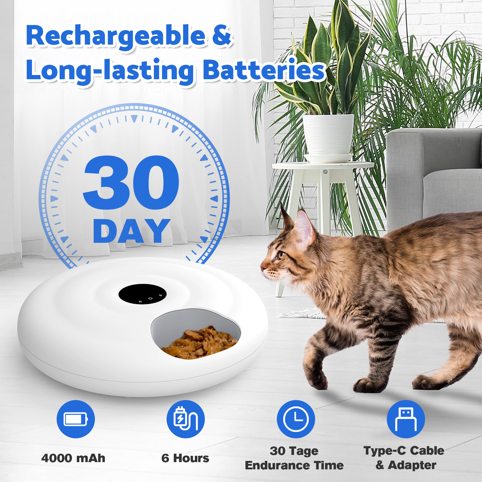 Advwin Automatic Cat Feeder For Wet&Dry Food, 6 Meals Cat Food Dispenser With 2 Ice Packs, Rechargeable Cordless Auto Pet Feeder For Cats Small Dogs, White,