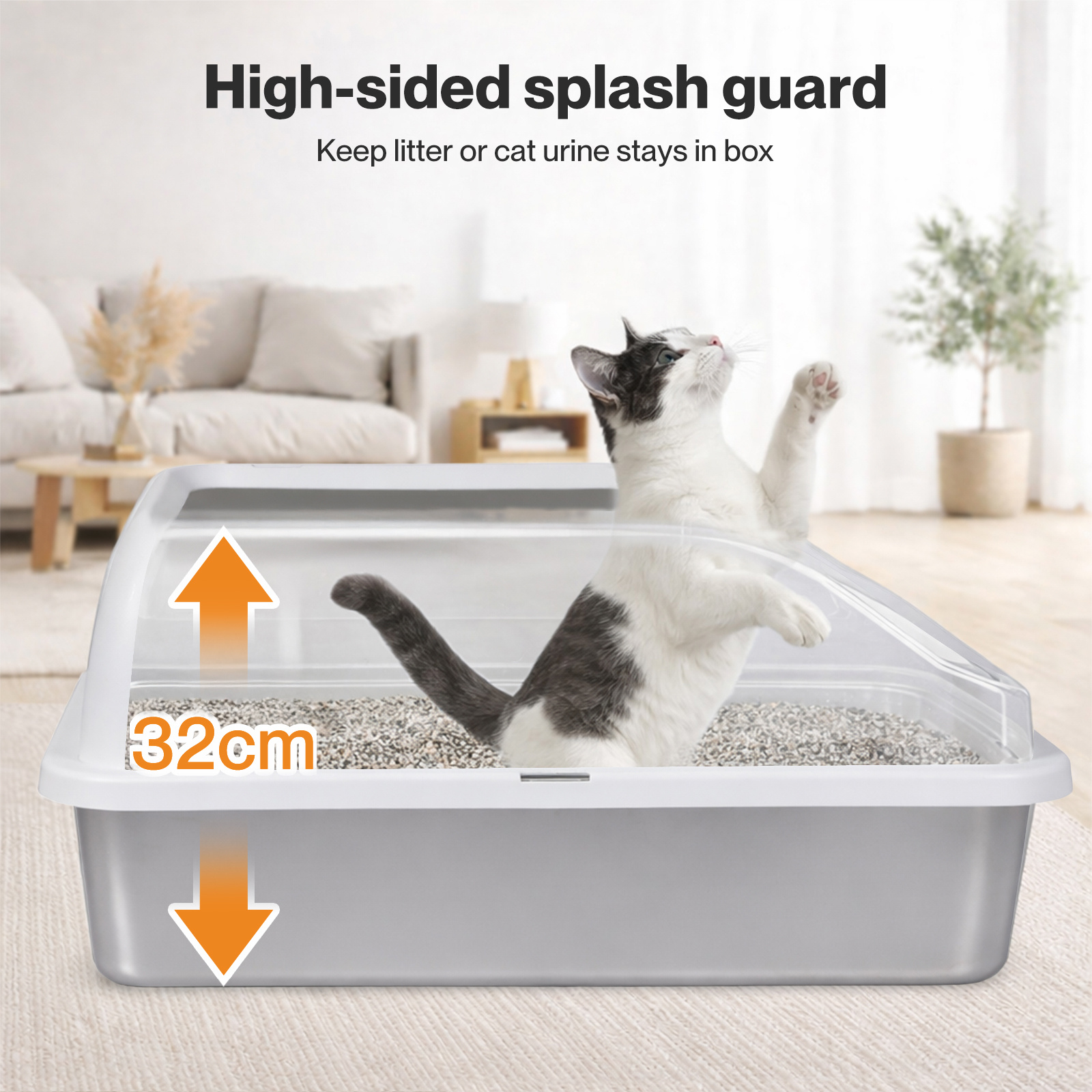 Pawz Extra Large Stainless Steel Cat Litter Box with Lid, 74.4L Enclosed High-Sided Litter Tray for Big Cats, Leak-Resistant Design, Non-Stick Surface, Easy to Clean, Grey/White