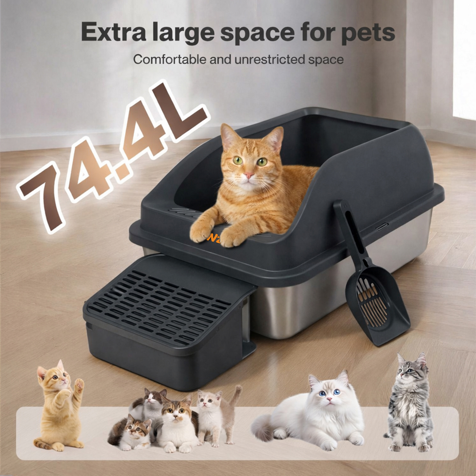 Pawz Extra Large Stainless Steel Cat Litter Box with Lid, 74.4L Enclosed High-Sided Litter Tray for Big Cats, Leak-Resistant Design, Non-Stick Surface, Easy to Clean, Grey/White