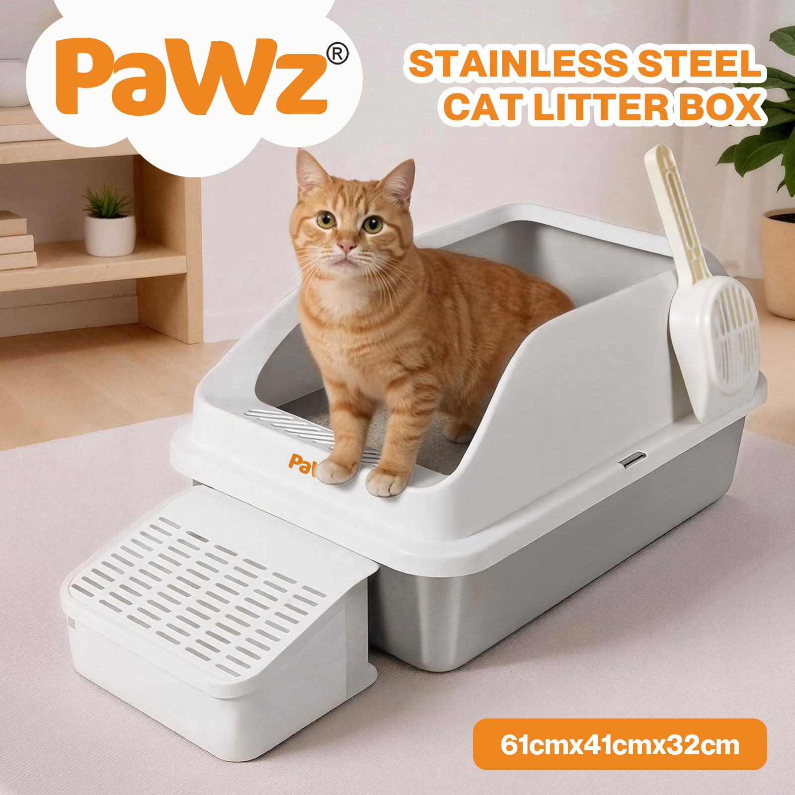 Pawz Extra Large Stainless Steel Cat Litter Box with Lid, 74.4L Enclosed High-Sided Litter Tray for Big Cats, Leak-Resistant Design, Non-Stick Surface, Easy to Clean, Grey/White