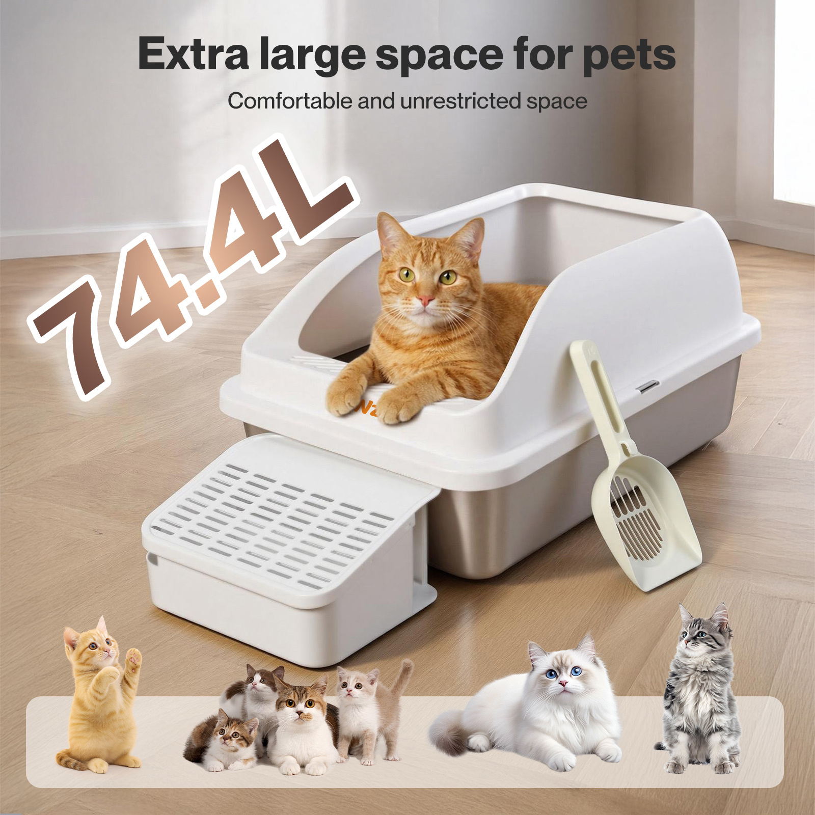 Pawz Extra Large Stainless Steel Cat Litter Box with Lid, 74.4L Enclosed High-Sided Litter Tray for Big Cats, Leak-Resistant Design, Non-Stick Surface, Easy to Clean, Grey/White