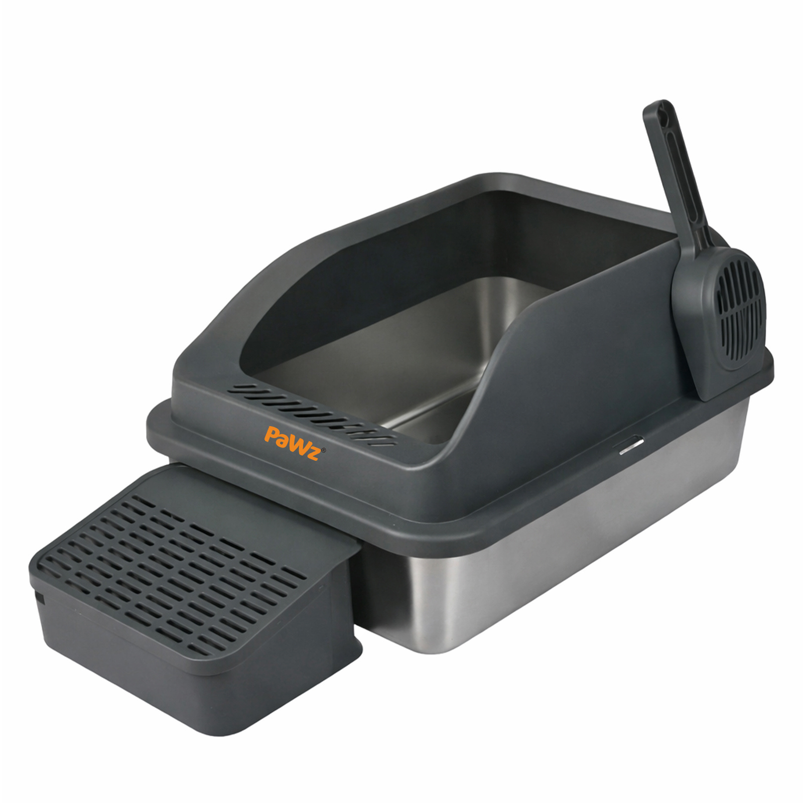 Pawz Extra Large Stainless Steel Cat Litter Box with Lid, 74.4L Enclosed High-Sided Litter Tray for Big Cats, Leak-Resistant Design, Non-Stick Surface, Easy to Clean, Grey/White