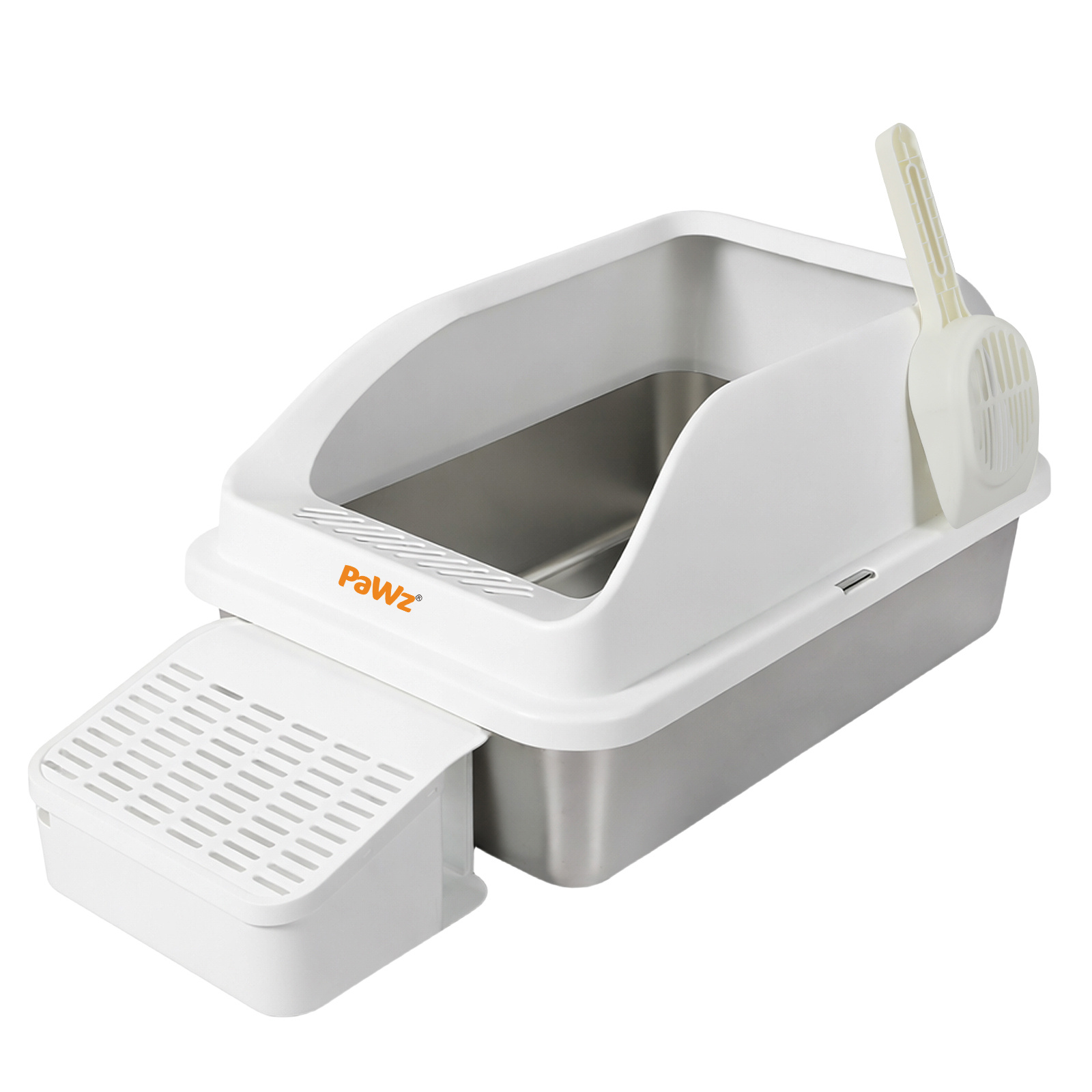 Pawz Extra Large Stainless Steel Cat Litter Box with Lid, 74.4L Enclosed High-Sided Litter Tray for Big Cats, Leak-Resistant Design, Non-Stick Surface, Easy to Clean, Grey/White
