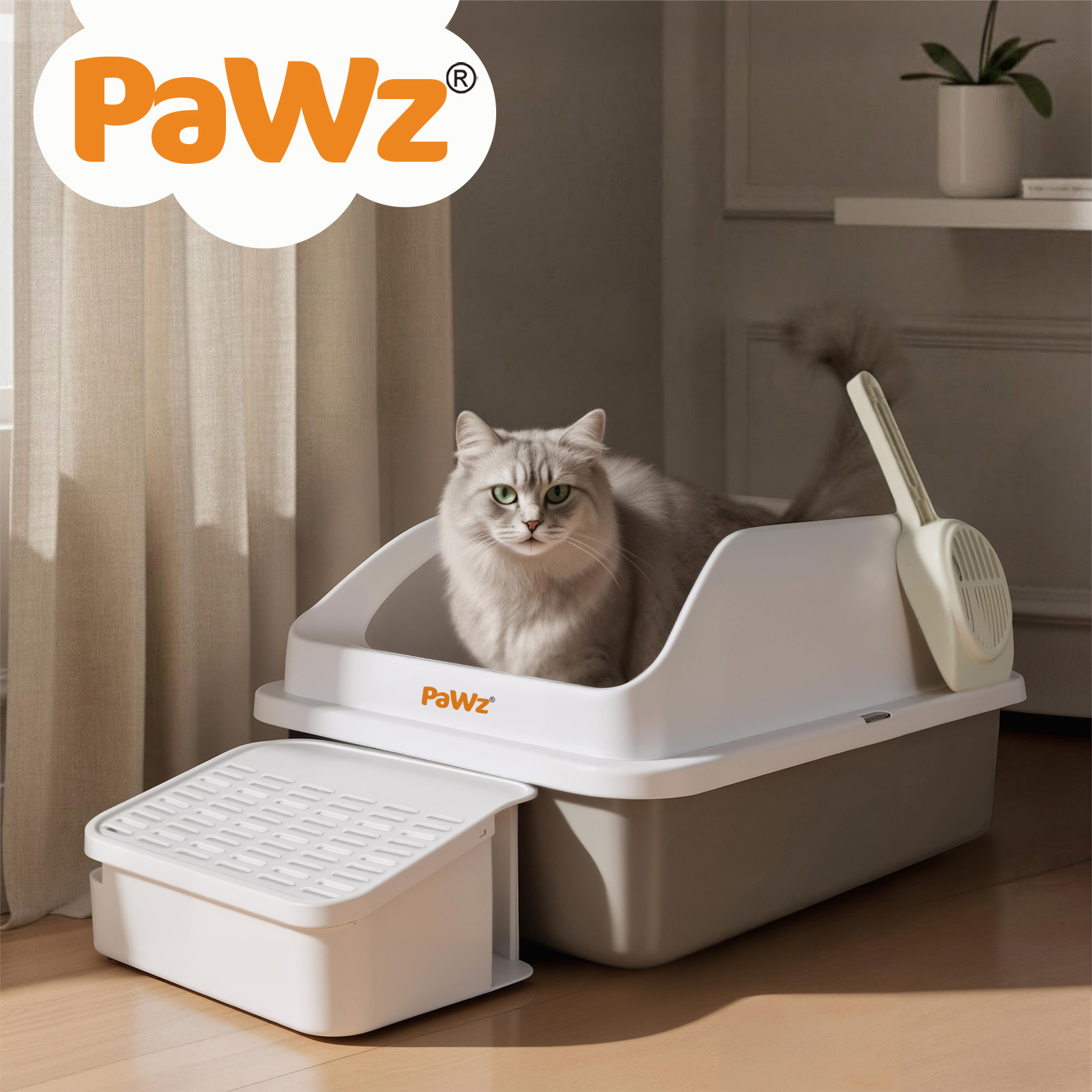 Pawz Extra Large Stainless Steel Cat Litter Box with Lid, 74.4L Enclosed High-Sided Litter Tray for Big Cats, Leak-Resistant Design, Non-Stick Surface, Easy to Clean, Grey/White
