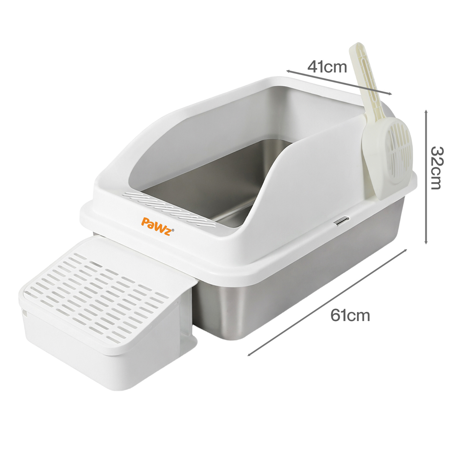 Pawz Extra Large Stainless Steel Cat Litter Box with Lid, 74.4L Enclosed High-Sided Litter Tray for Big Cats, Leak-Resistant Design, Non-Stick Surface, Easy to Clean, Grey/White
