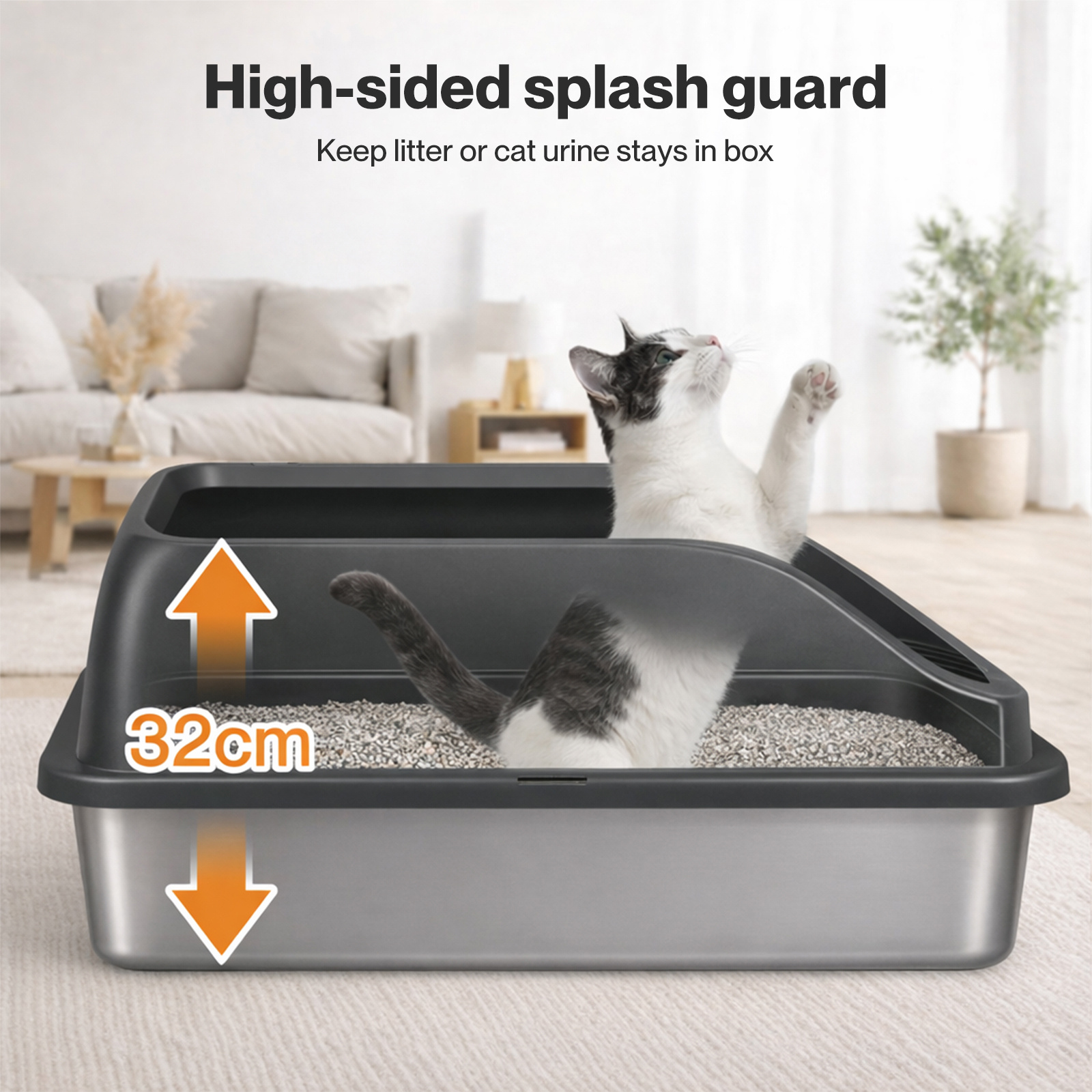 Pawz Extra Large Stainless Steel Cat Litter Box with Lid, 74.4L Enclosed High-Sided Litter Tray for Big Cats, Leak-Resistant Design, Non-Stick Surface, Easy to Clean, Grey/White