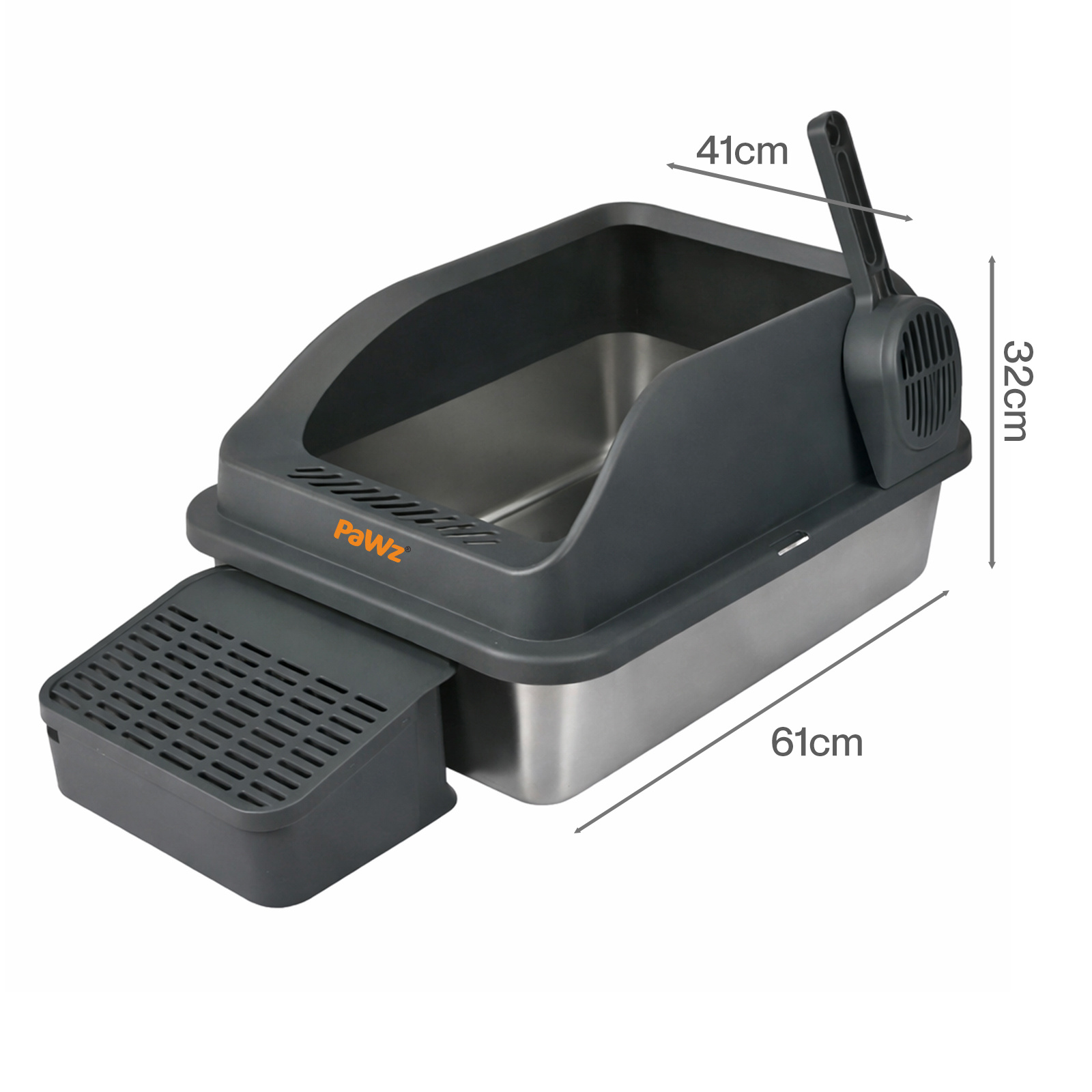 Pawz Extra Large Stainless Steel Cat Litter Box with Lid, 74.4L Enclosed High-Sided Litter Tray for Big Cats, Leak-Resistant Design, Non-Stick Surface, Easy to Clean, Grey/White