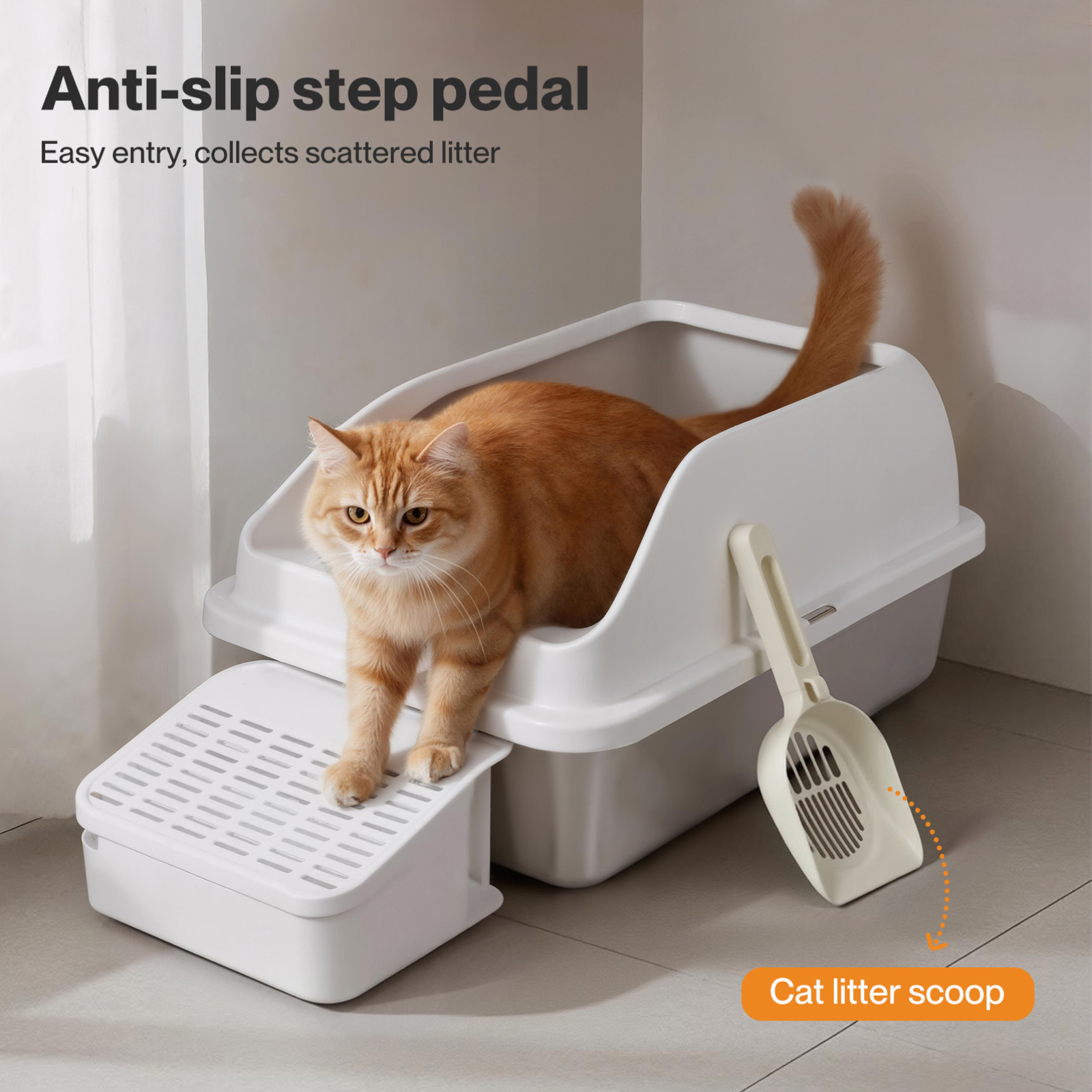 Pawz Extra Large Stainless Steel Cat Litter Box with Lid, 74.4L Enclosed High-Sided Litter Tray for Big Cats, Leak-Resistant Design, Non-Stick Surface, Easy to Clean, Grey/White