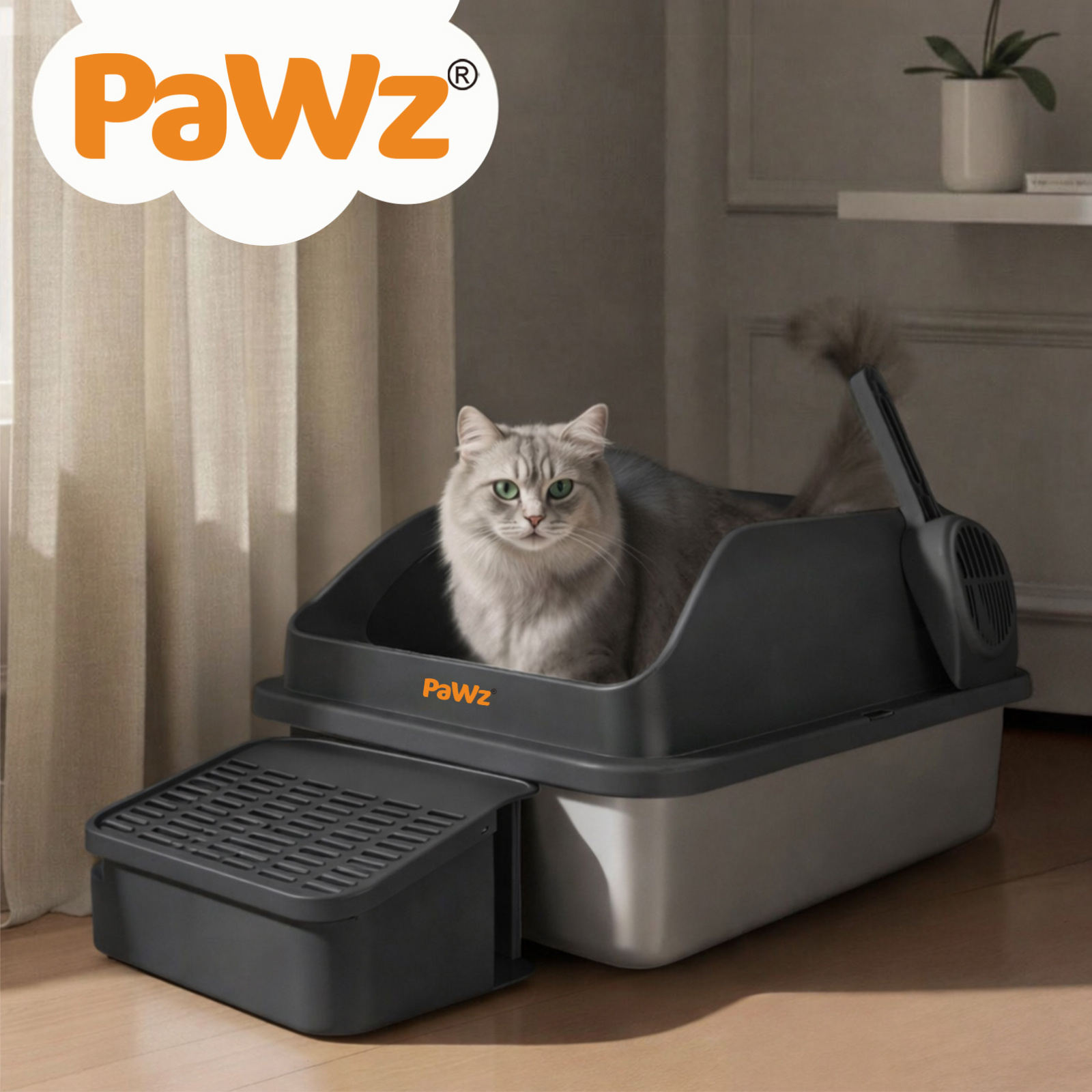 Pawz Extra Large Stainless Steel Cat Litter Box with Lid, 74.4L Enclosed High-Sided Litter Tray for Big Cats, Leak-Resistant Design, Non-Stick Surface, Easy to Clean, Grey/White