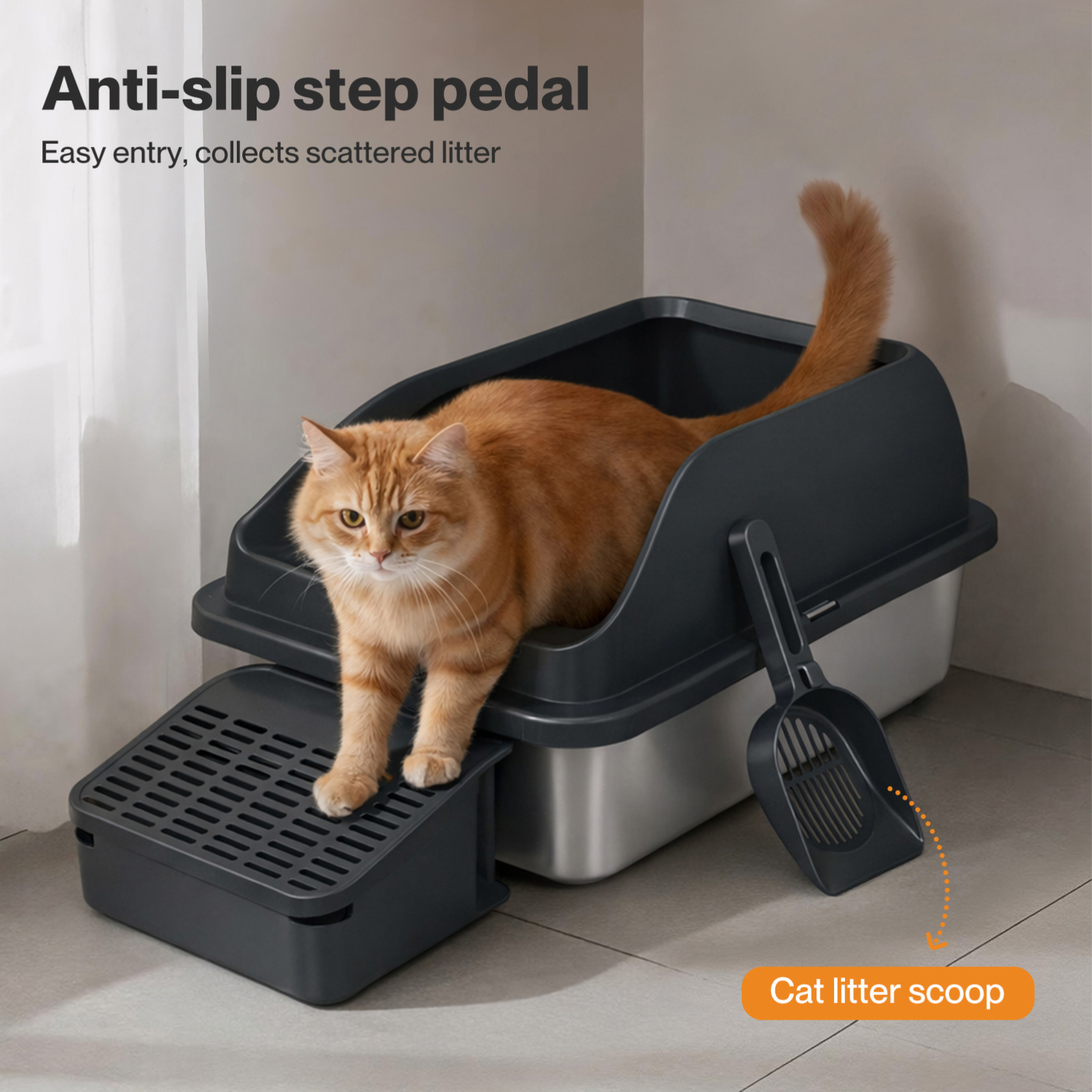 Pawz Extra Large Stainless Steel Cat Litter Box with Lid, 74.4L Enclosed High-Sided Litter Tray for Big Cats, Leak-Resistant Design, Non-Stick Surface, Easy to Clean, Grey/White