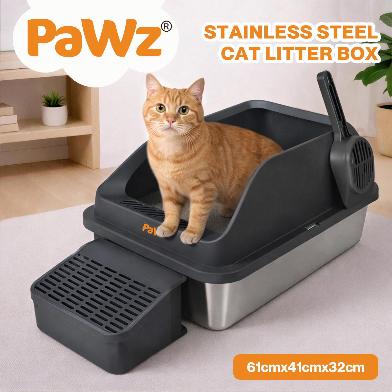 Pawz Extra Large Stainless Steel Cat Litter Box with Lid, 74.4L Enclosed High-Sided Litter Tray for Big Cats, Leak-Resistant Design, Non-Stick Surface, Easy to Clean, Grey/White
