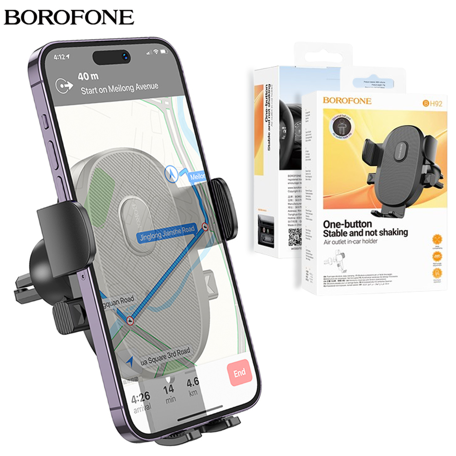 TEMU Borofone Bh92 Car Phone Holder Air Vent Mount One-button Adjustable Stable Rotating Anti-shake Phone Stand For Universal Smartphone