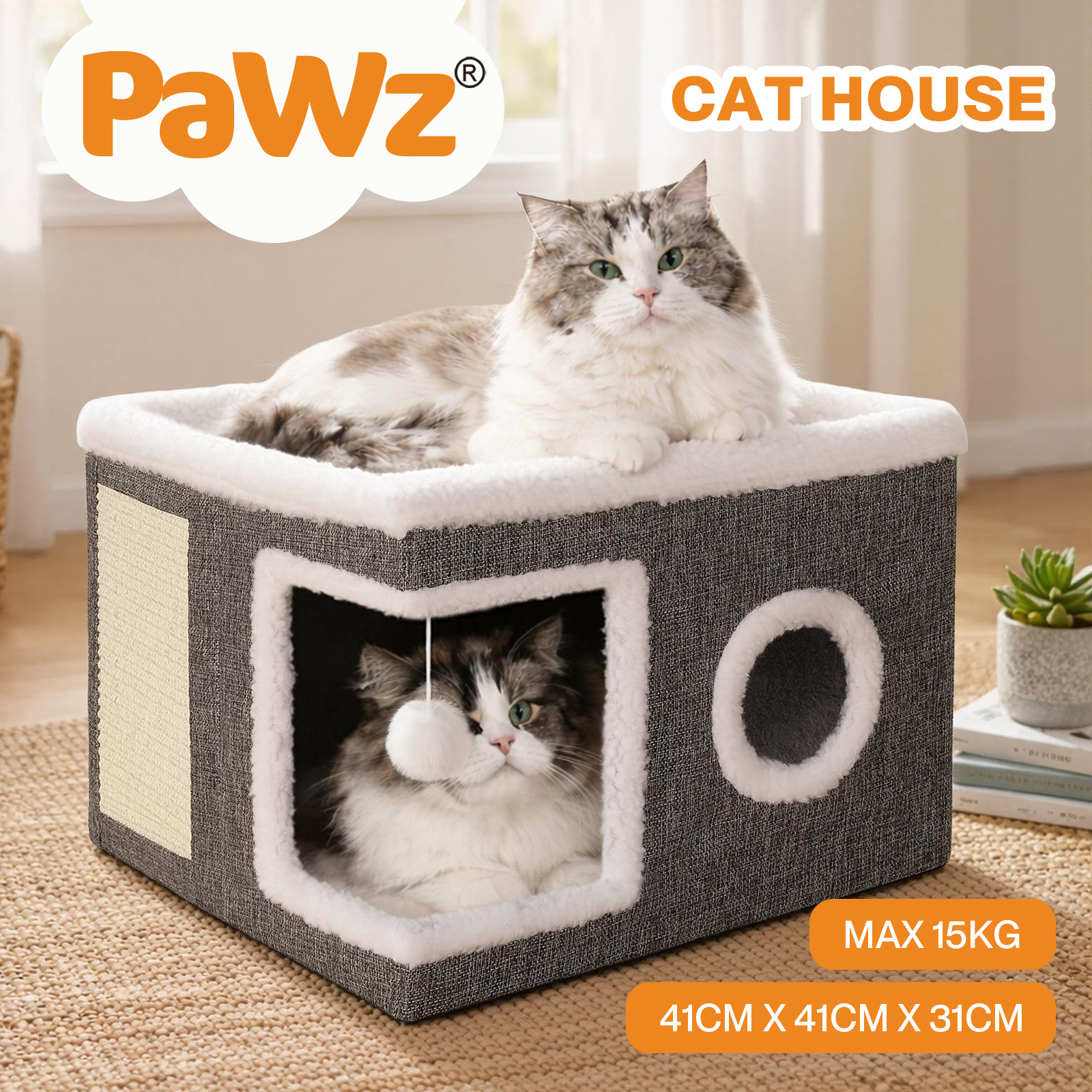 TEMU Pawz Cat House For Indoor Cats, Large Enclosed Bed With Scratch Pad And Fluffy Ball, Foldable Cat Cave With Reversible Cushion, Kitten Cat Condo