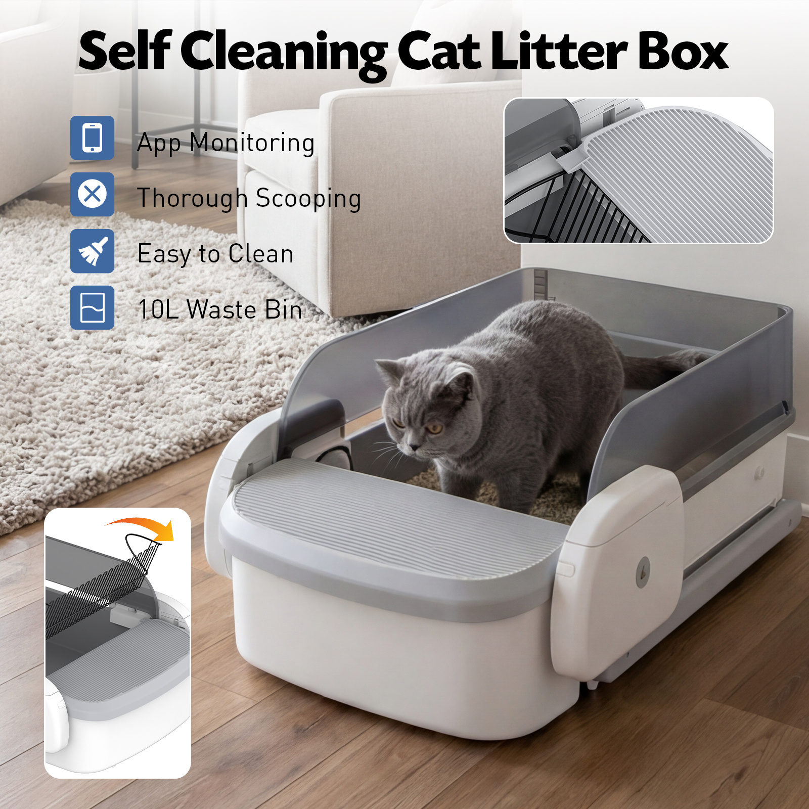 Advwin Automatic Cat Litter Box Open Top, Self Cleaning with Smart Safety Sensor, Low Noise, Large Capacity Cat Toilet
