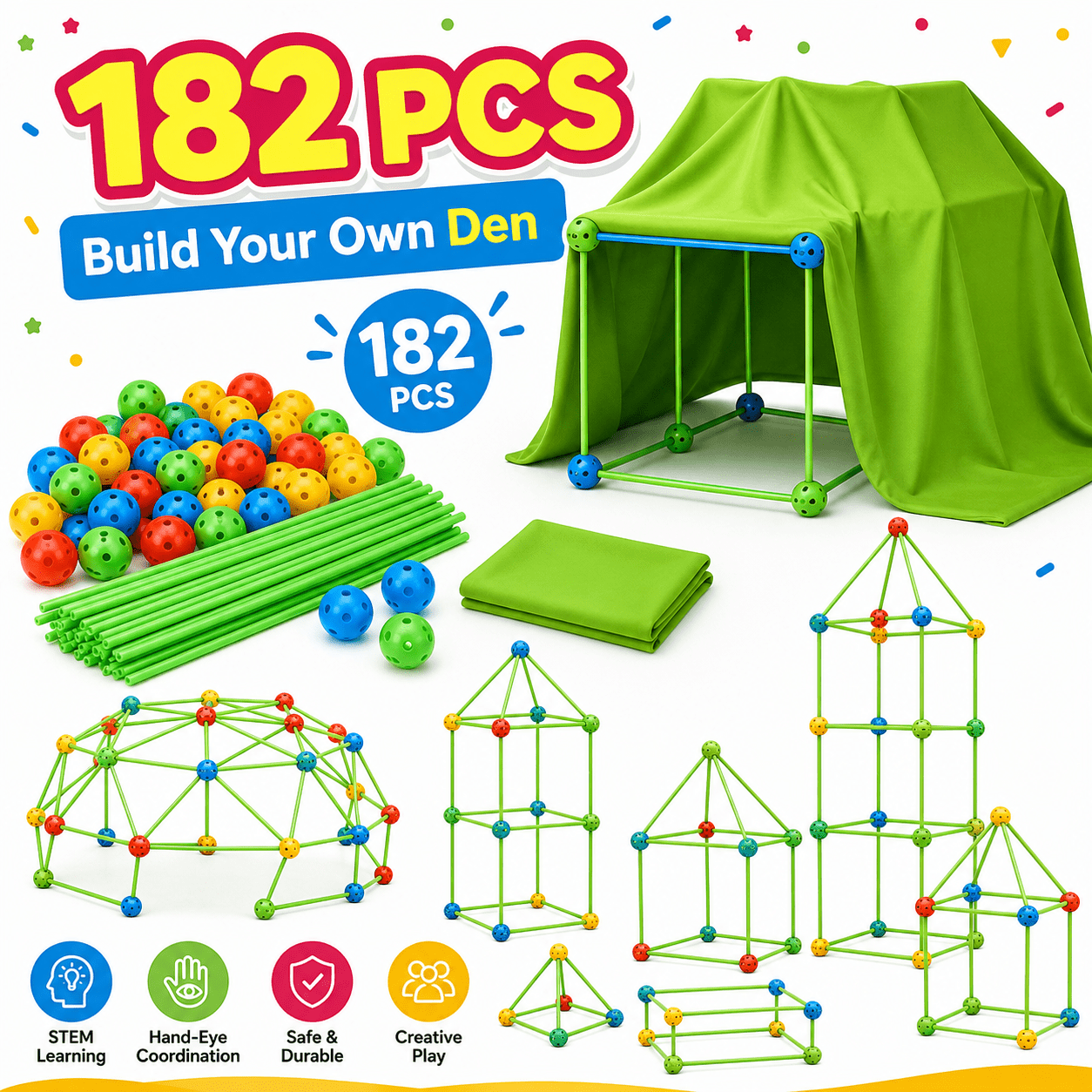 TEMU 182pcs Building Set, Stem Construction Toy With Sticks Connectors Cover Cloth, Diy Castle Tunnel Playhouse Kit For Boys Girls, Cover Cloth Size: