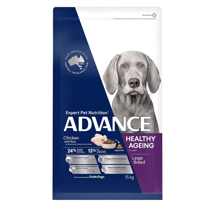 ADVANCE Healthy Ageing Large Breed Chicken with Rice Dry Dog Food – Senior Large Breed Formula 5+ Years – Australian Made – Joint, Heart & Cognitive Support – 15kg Bag