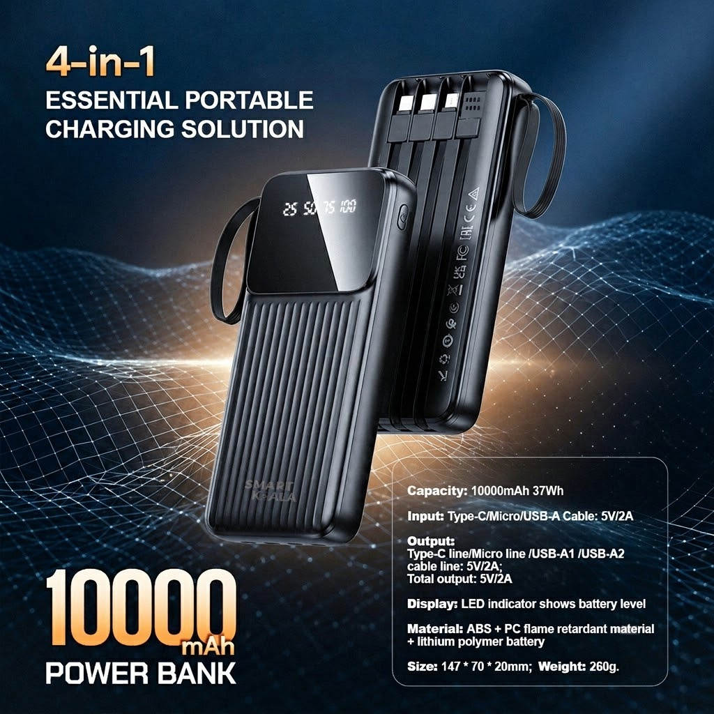 TEMU Sk76 10000mah Smart Power Bank With Led Display Usb A/ Usb C Ports With 4 Micro Usb /usb Type C Charging Cable Cord