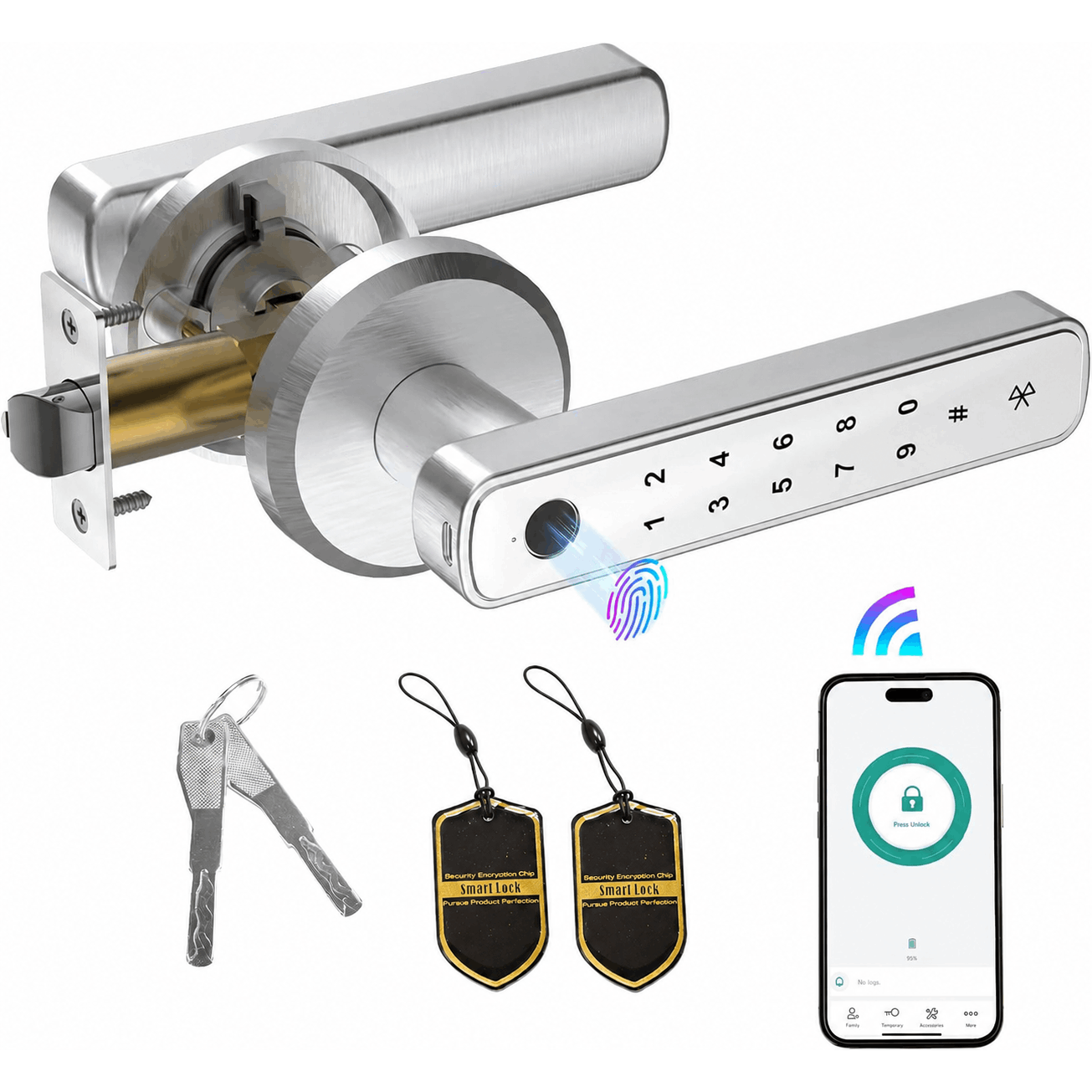 TEMU Advwin Fingerprint Smart Door Lock With Handle, Ic Key, Silver-1pc/2pcs/4pcs