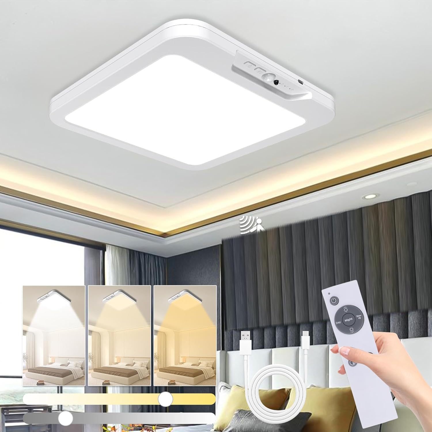 TEMU Usb C Rechargeable Motion Sensor Ceiling Light With Remote, 3000k-6500k Magnetic No Wiring Led Ceiling Light Battery Powered For Shower Stairs