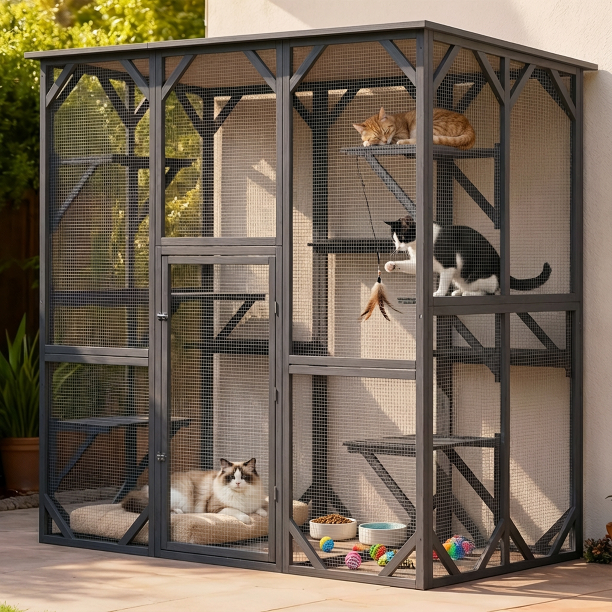 TEMU 1.8x1.8x1m Cat House Outdoor Kitty Enclosure With Super Large Walk-in Door, 71 Inch Wooden Cat Cage Condo Indoor Playpen With 6 Platforms, Grey