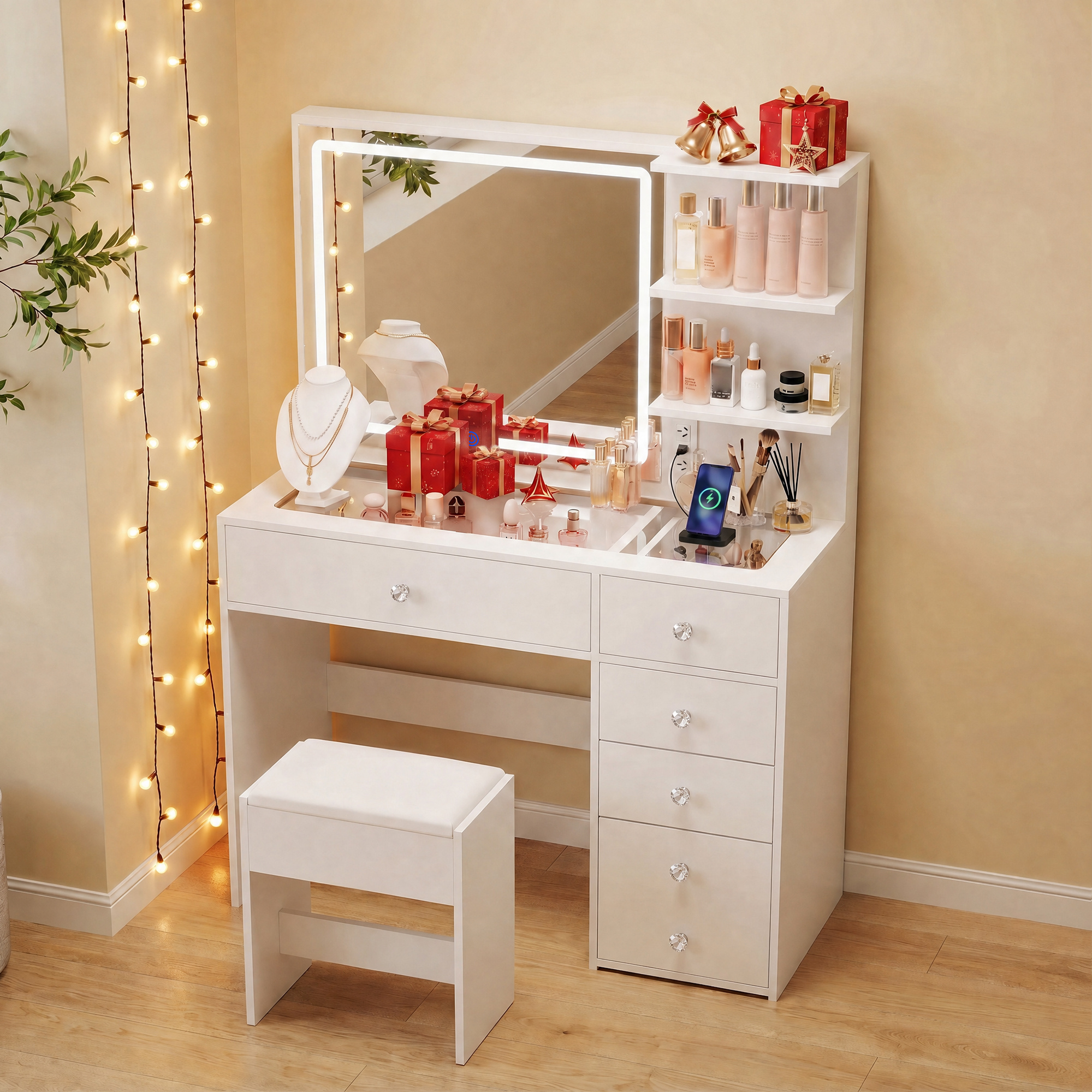 TEMU Alvoro Makeup Vanity Desk With Led Mirror And 5 Drawers Dressing Table Set With Glass Tabletop And Charging Station White/black/pink