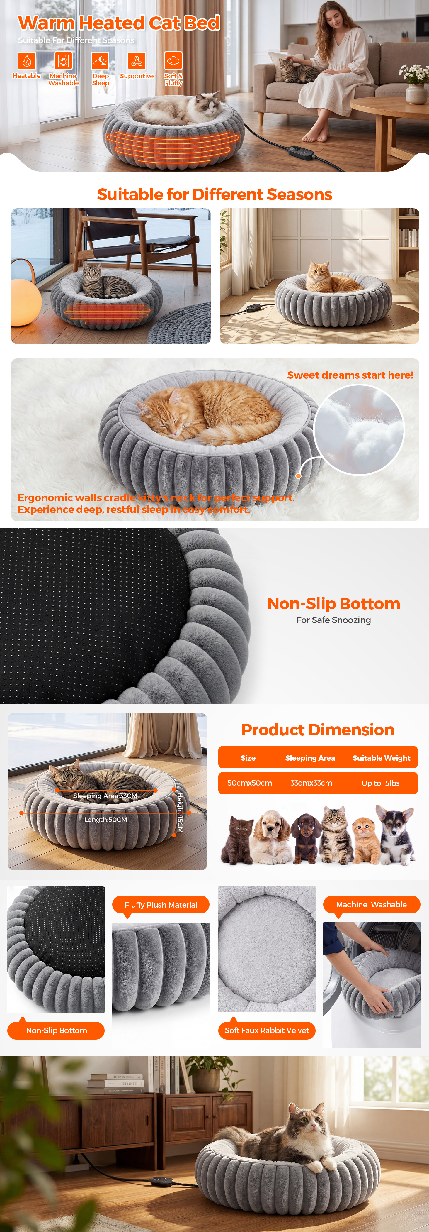 Advwin Heated Cat Bed for Cats, 20inch Electric Cat Heated Bed, Washable Calming Round Pet Bed with Heating Pad, Pet Warming Bed for Cats and Small Dogs