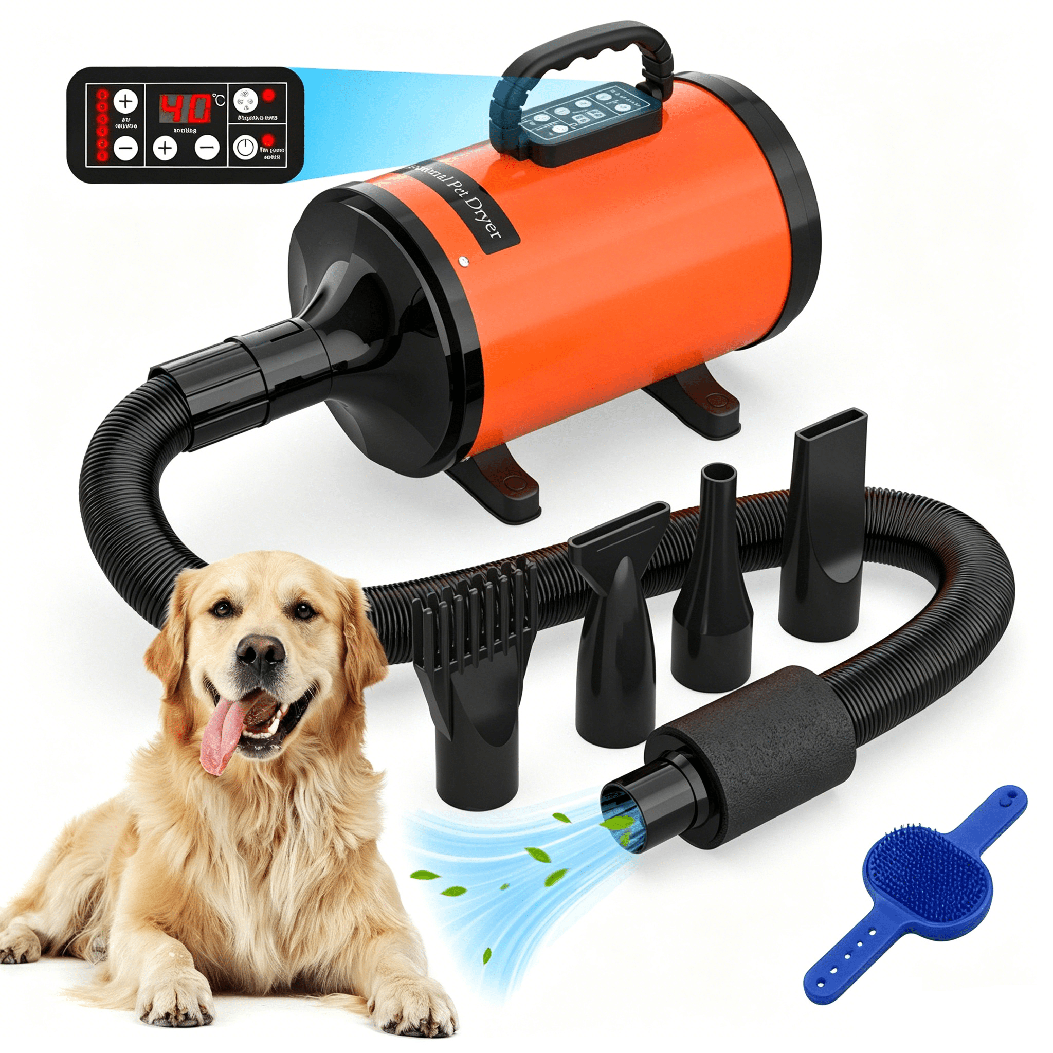 TEMU Advwin Lcd Dog Dryer, Pet Grooming Dryer With Pet Training Pad, Adjustable Speed Pet Dryer, Hair Blower Heater With 4 Nozzles - Blue