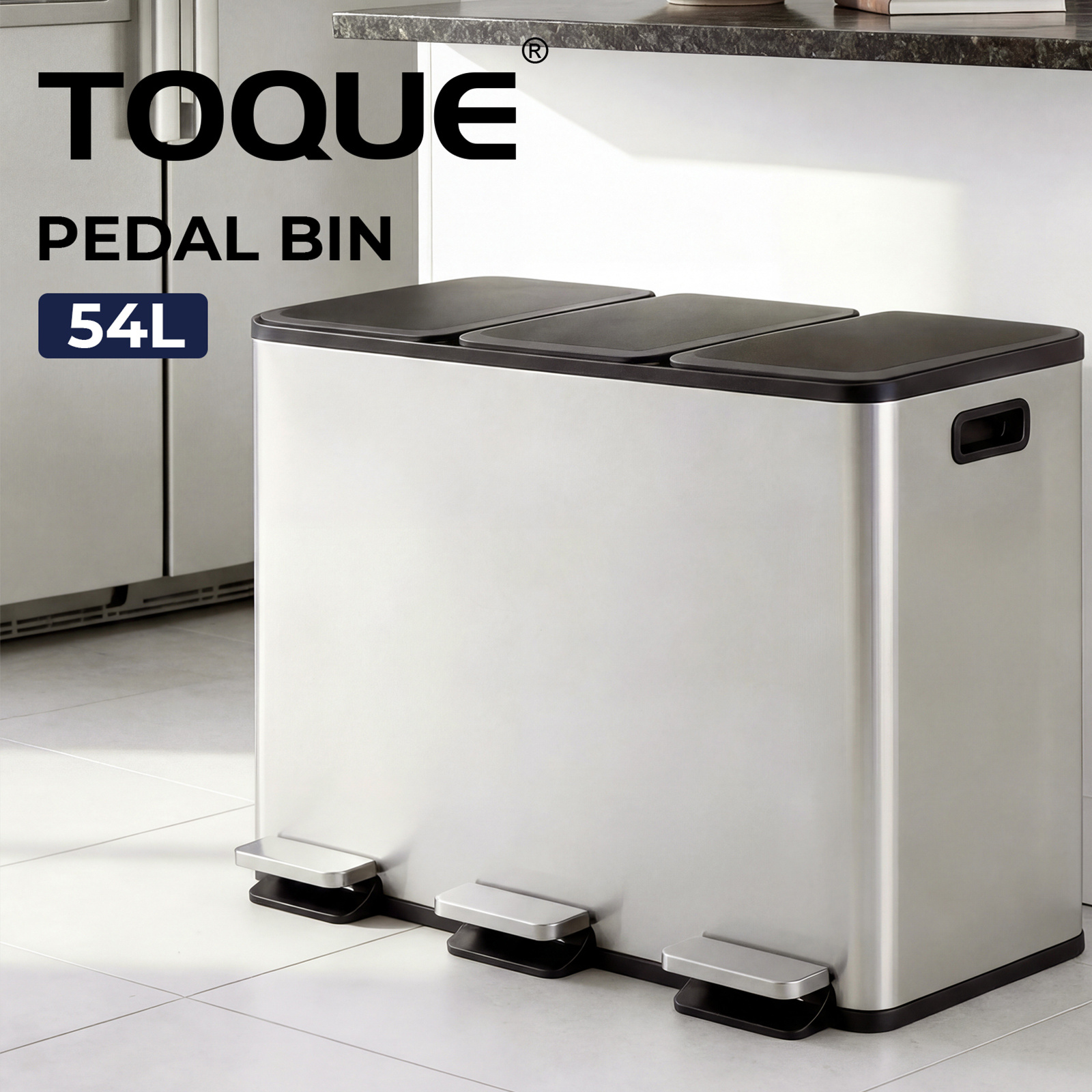 TEMU Toque 54l Triple Pedal Kitchen Bin 3 X 18l Stainless Steel Waste Sorting Bin