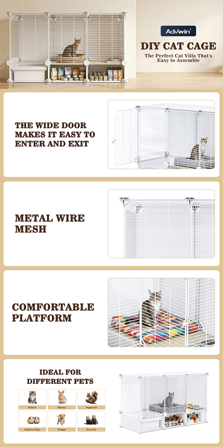 Advwin Cat Cage with Litter Box and Bottom Storage Space, Expandable Cat Playpen, Detachable Metal Cat Enclosure Ideal for Kitten Ferret