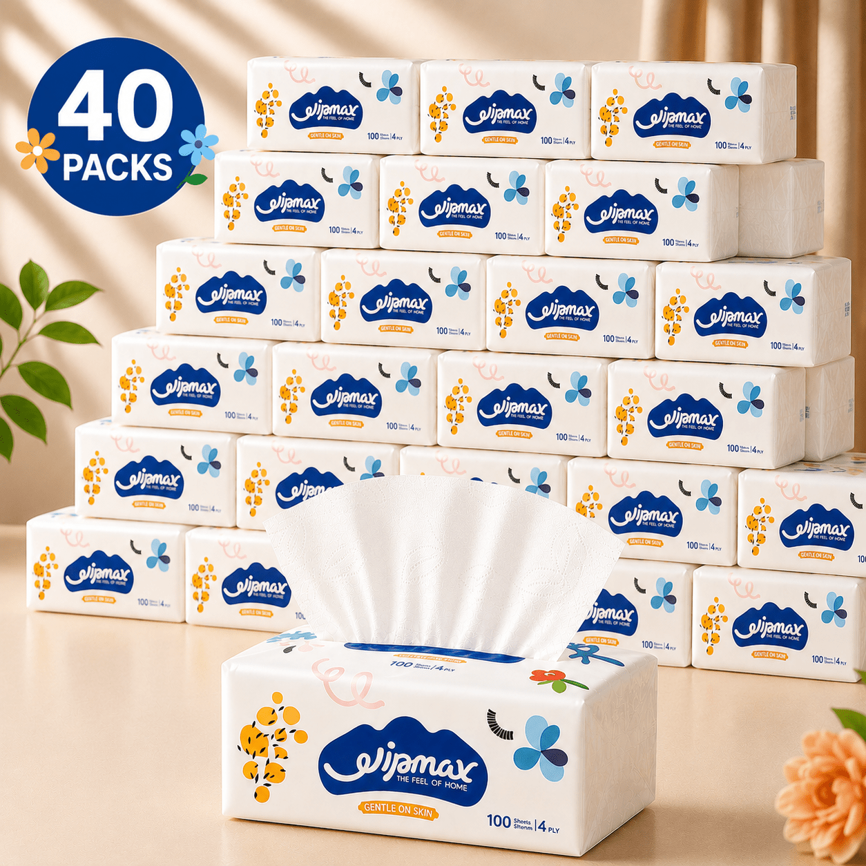 TEMU 40 Pack Facial Tissues, 4-ply , 100 Sheets Per Pack, Absorbent, Skin, Strong When Wet, Family Bulk For Home, Office, Bathroom, Kitchen & Travel