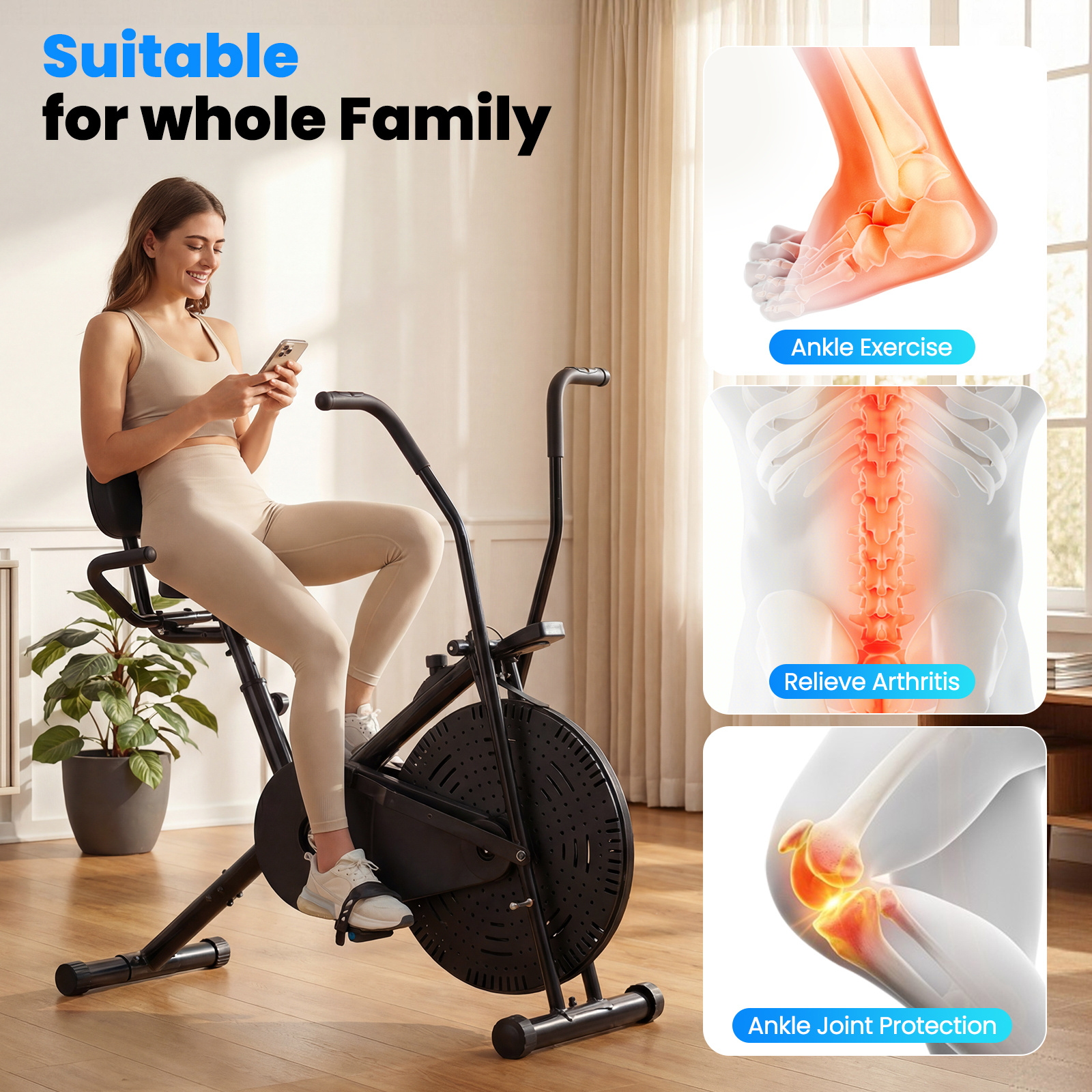 Advwin Air Exercise Bike Fan Resistance Upright Cycle with Heart Rate Monitor & LCD Display - Adjustable Resistance, Seat with Backrest & Armrests, Dual Action Handlebars for Home Cardio Workout