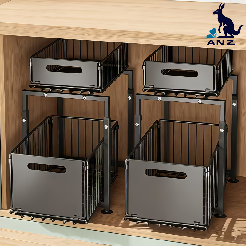 TEMU 2pcs 2-tier Heavy-duty Carbon Steel Pull-out Storage Rack With Adjustable Shelves, Hooks & Sliding Drawers - Cabinet Organizer For Tableware,