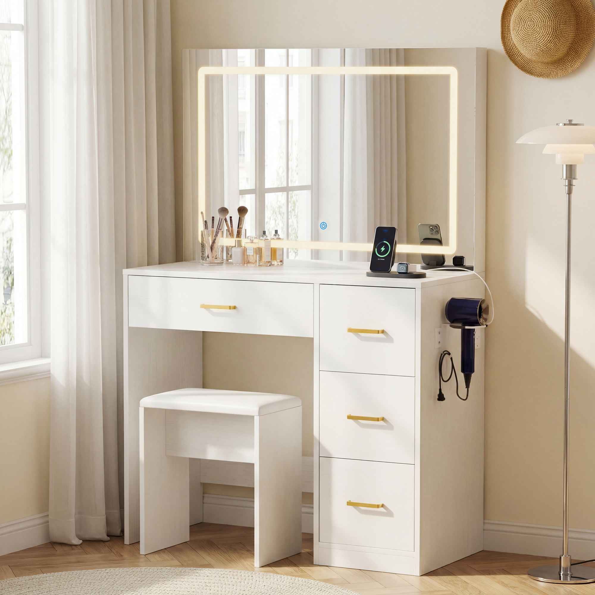 TEMU Advwin Large Dressing Table Stool Set With Full Size Led Mirror, Makeup Vanity Desk With 3 Color And Adjustable Brightness, Modern Vanity Table