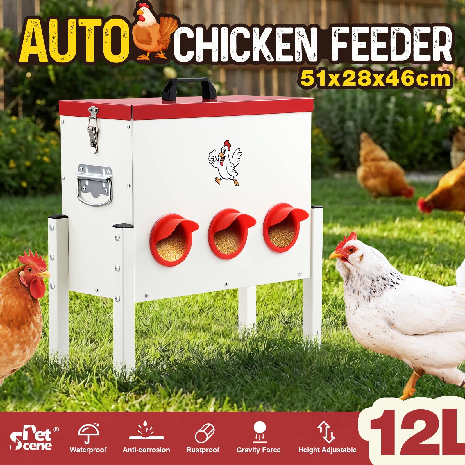 TEMU Chicken Bird Feeder 12l Automatic Dispenser 6 Pvc Ports Poultry Chook Feeding Rodent Proof Galvanised Steel Height Adjustable
