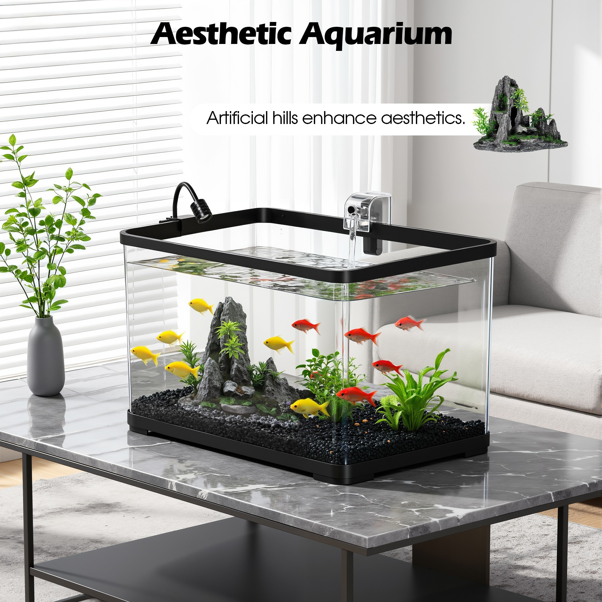 Advwin 50L Fish Tank Aquarium Kit, Decorative Rock, 3-Color Lighting, 120L/H Filter Pump, Ideal For Small Fish Communities