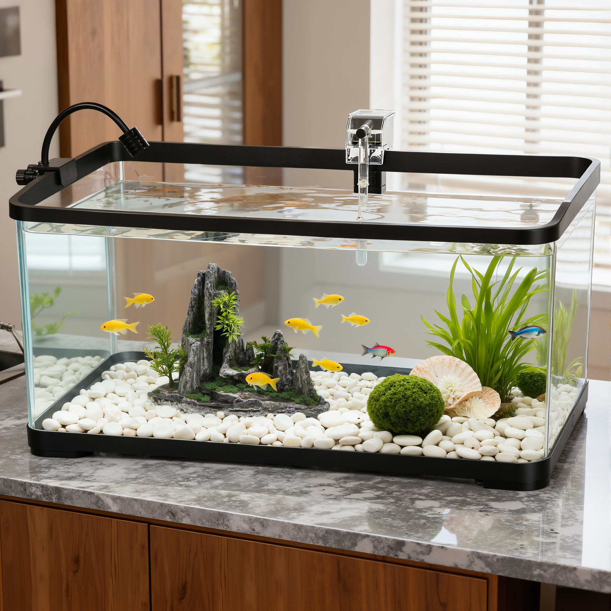 TEMU 50l Fish Tank Aquarium Kit, Decorative Rock, 3-color Lighting, 120l/ Pump, Ideal For Small Fish