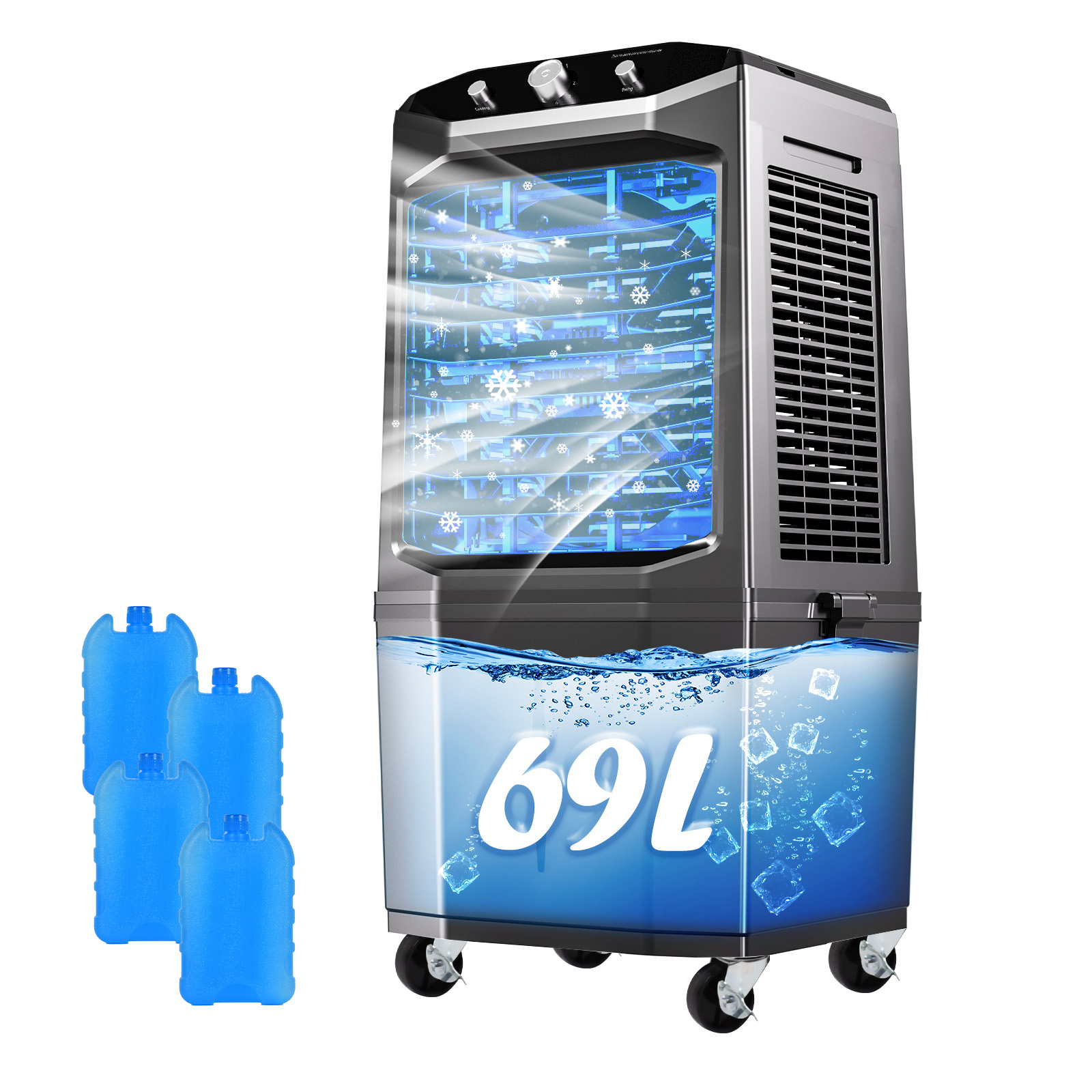 TEMU 38l/69l Folding Air Cooler, 3-in-1 Evaporative Air Conditioner, With 5500m³/h Air Output, 2 Ice Box, 3-speed, 70° , 360° Universal Wheels, 100w
