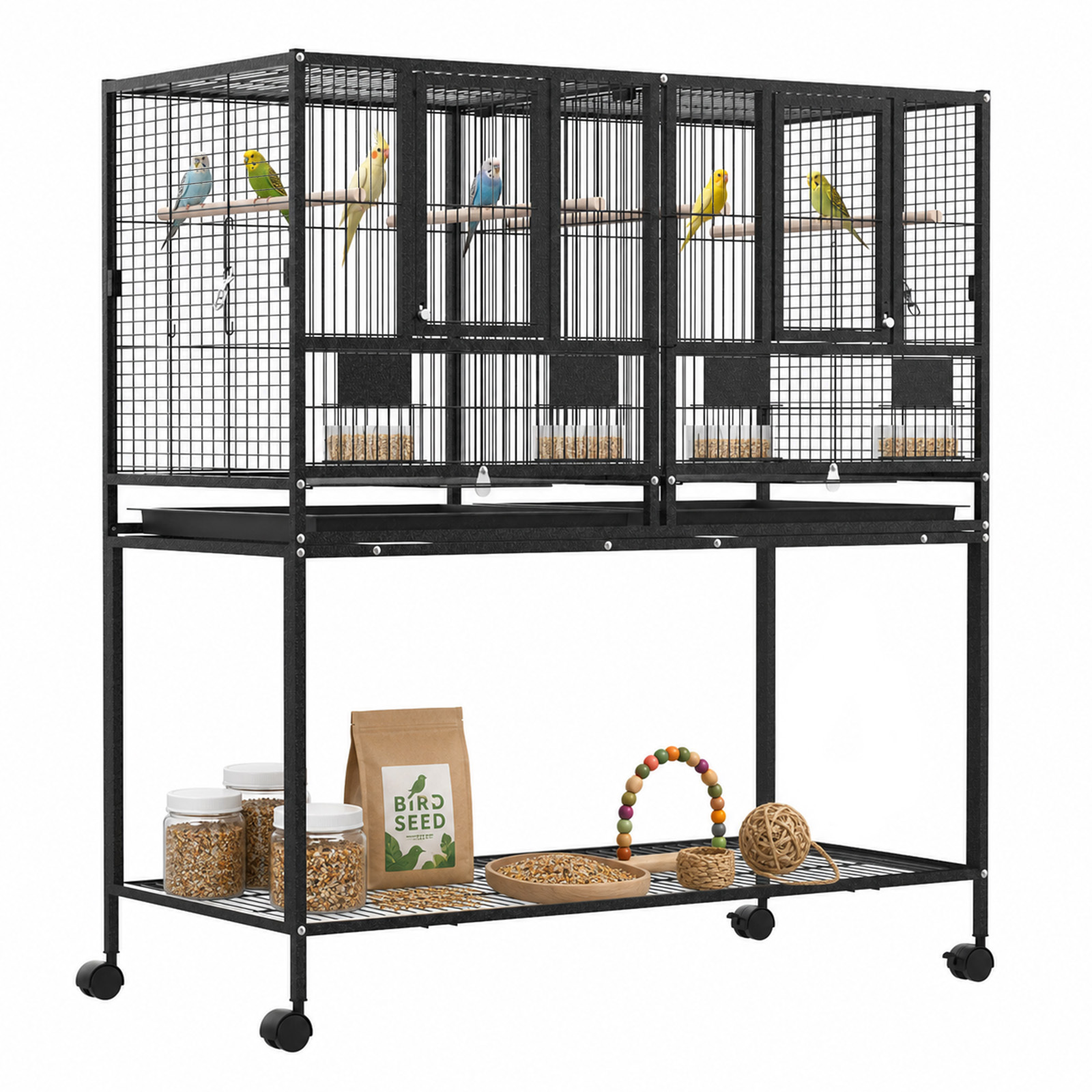 TEMU 2-in-1 Large Bird Cage 95*49.5*106.5cm Aviary With Brake Wheels & Removable Divider For Parrot Budgie Indoor Outdoor