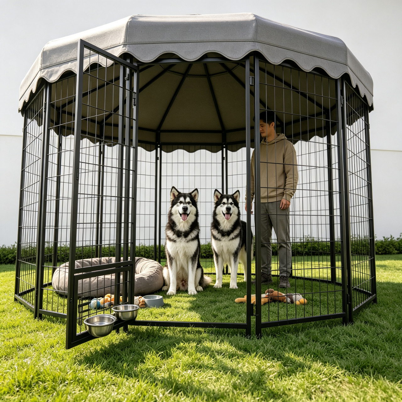 TEMU Advwin 2.3x2.3x1.67m Dog Kennel, Heavy Duty Large Cage Outdoor With Waterproof Roof, Rotating Feeding Bowl And Lock, For All Dog Breeds, For