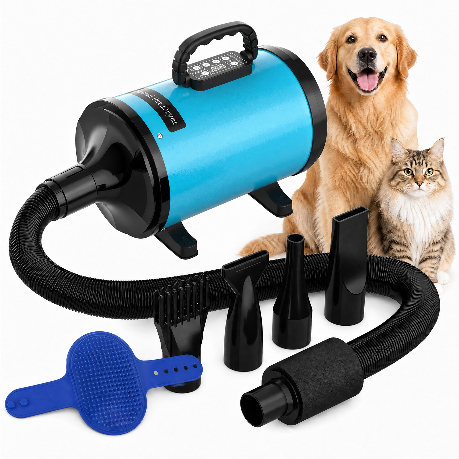 TEMU Lcd Display Dog Dryer With 4 Nozzles, Adjustable Speed Temp Pet Grooming Blower Heater For Large Small Dogs Cats