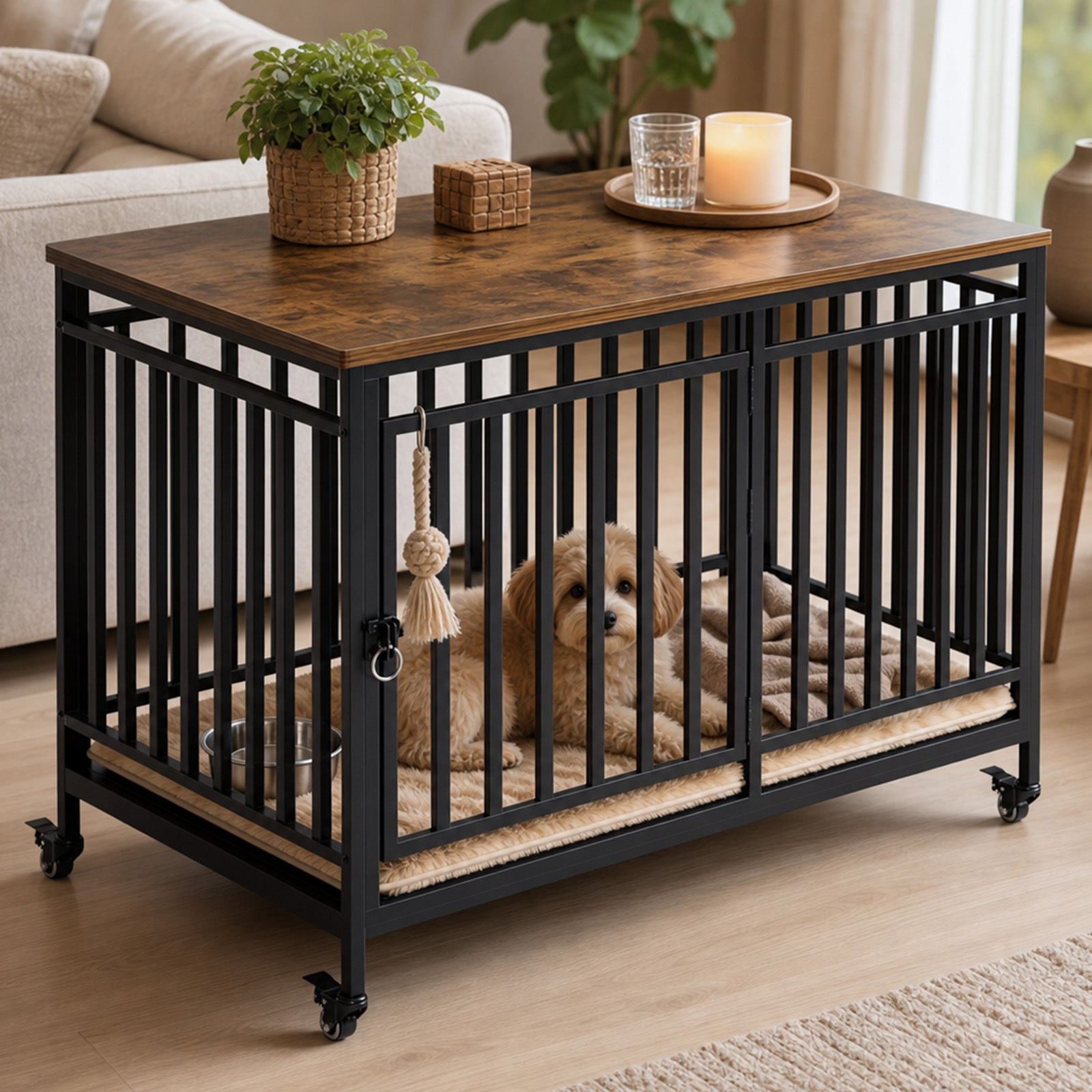 TEMU 101*68.2*76cm Wooden Furniture Style Dog Crate With Wheels, Chew Proof Heavy Duty Metal Tube Pet Cage For Large Dogs