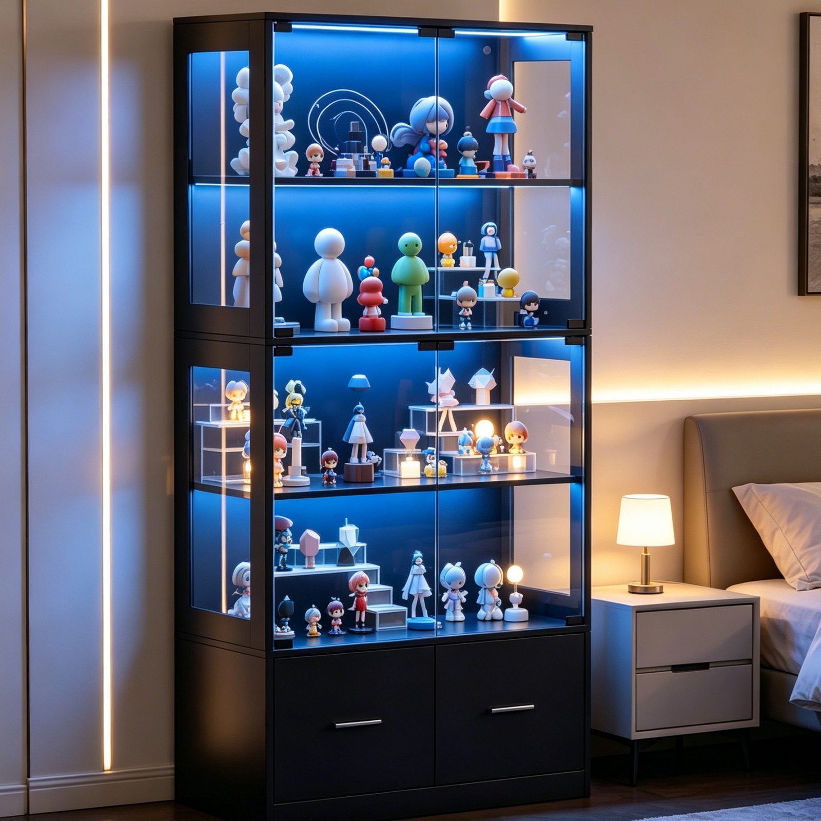 TEMU Advwin 170cm 4 Tier Glass Display Cabinet With Drawer Storage Bookshelf Organizer With Led Light Hallway Storage Cabinet With Human For Living