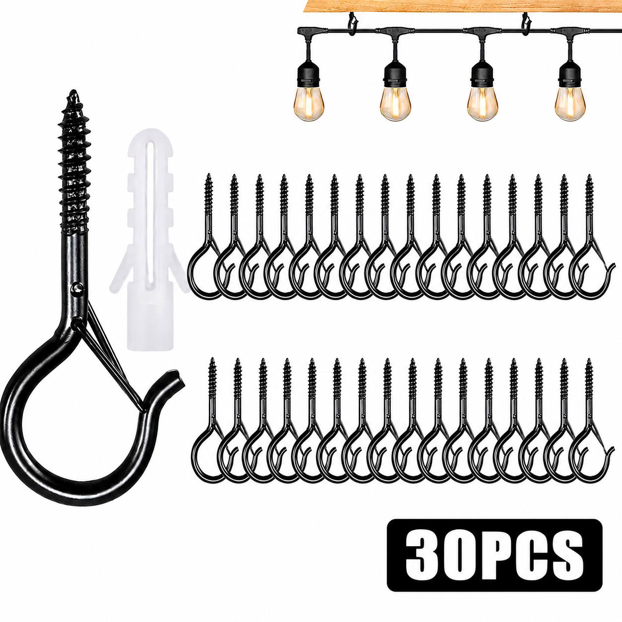 TEMU 30pcs Q Shape Iron Hanging Hooks With Clips, Black Ceiling Screw Hooks For String Lights, Lanterns, Wind Chimes, Christmas & Halloween